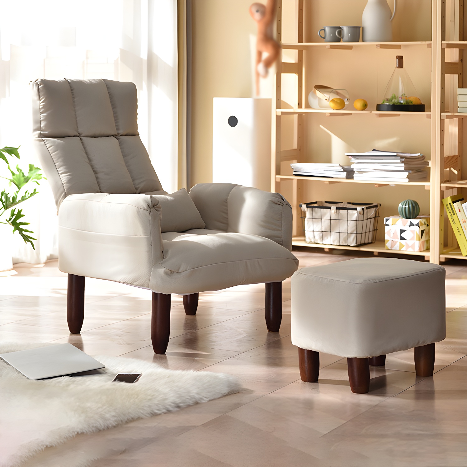 Small Size Modern Recliner with Lumbar Support and Built-In Storage, featuring Wood Legs