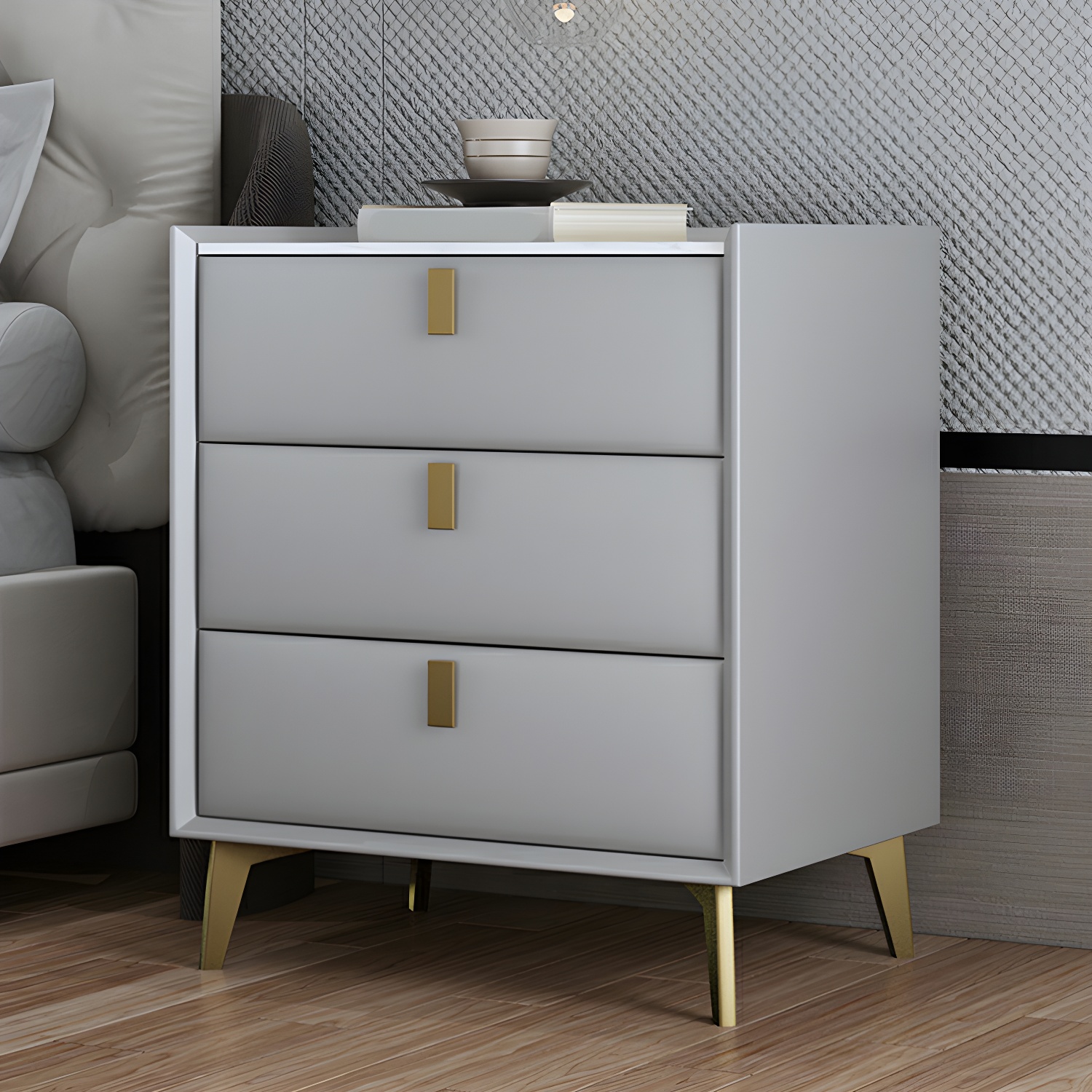 Standard Height Glam Nightstand with 3 Drawers and Stone Countertop