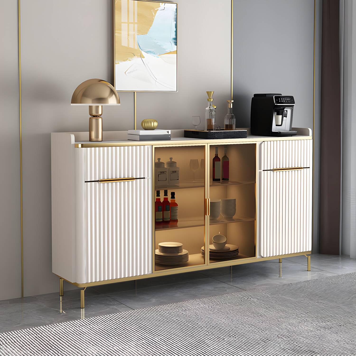 Glam White Wood Sideboard with Stone Countertop, Glass Doors, and Adjustable Shelves