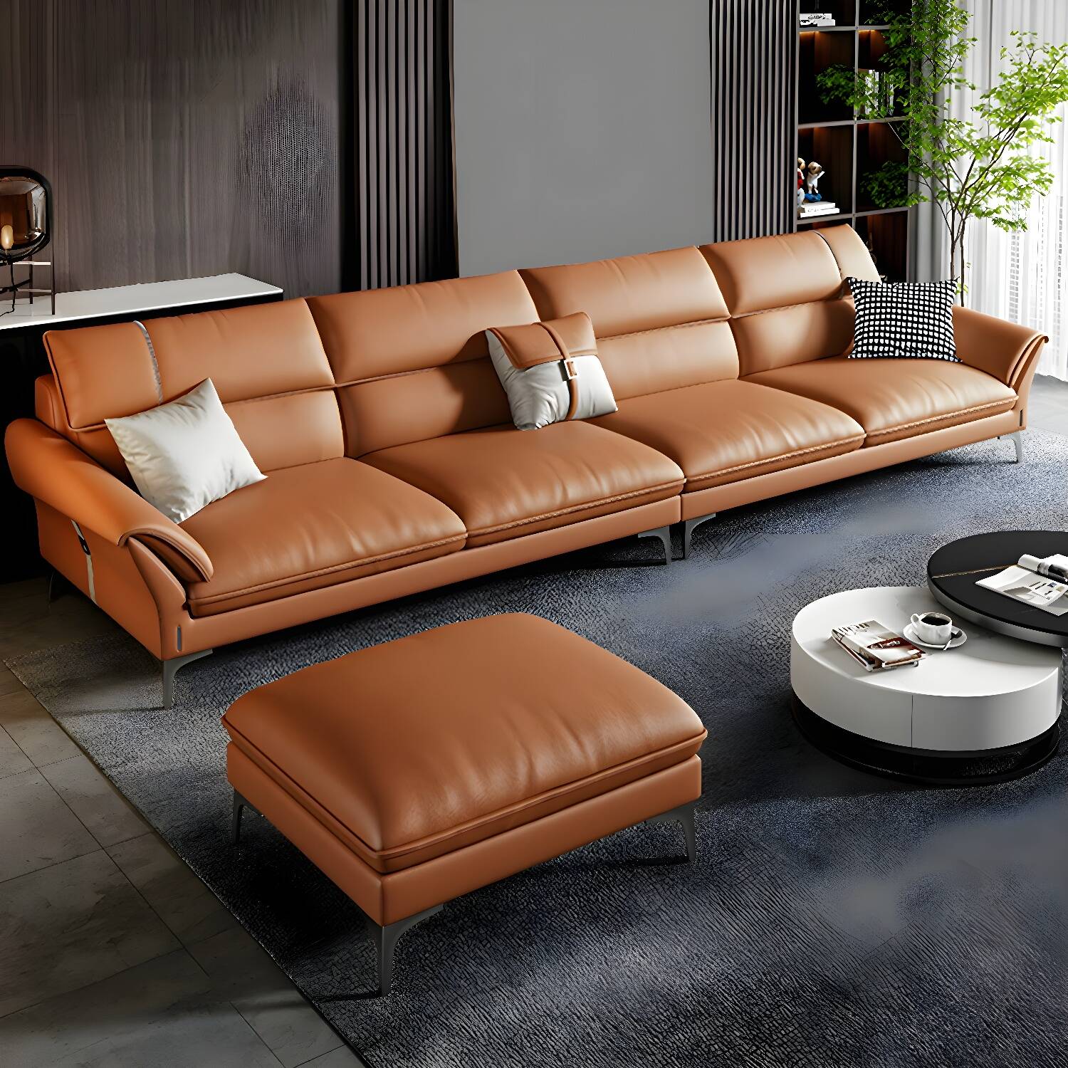 Modern Stationary Sectional Sofa in Brown Genuine Leather with Wood Frame and Standard Seat Width