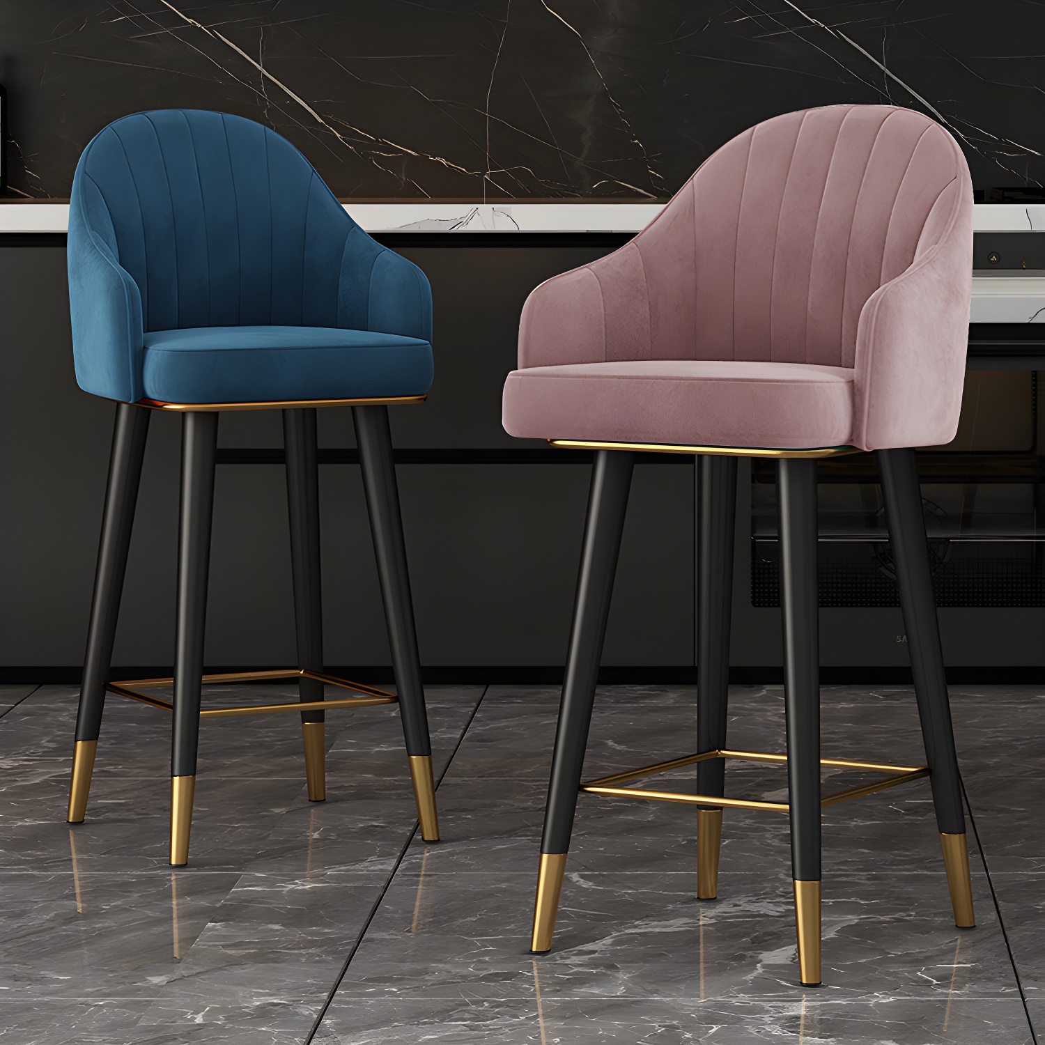 Glam Rectangular Velvet Counter Stool with Metal Frame and Arm