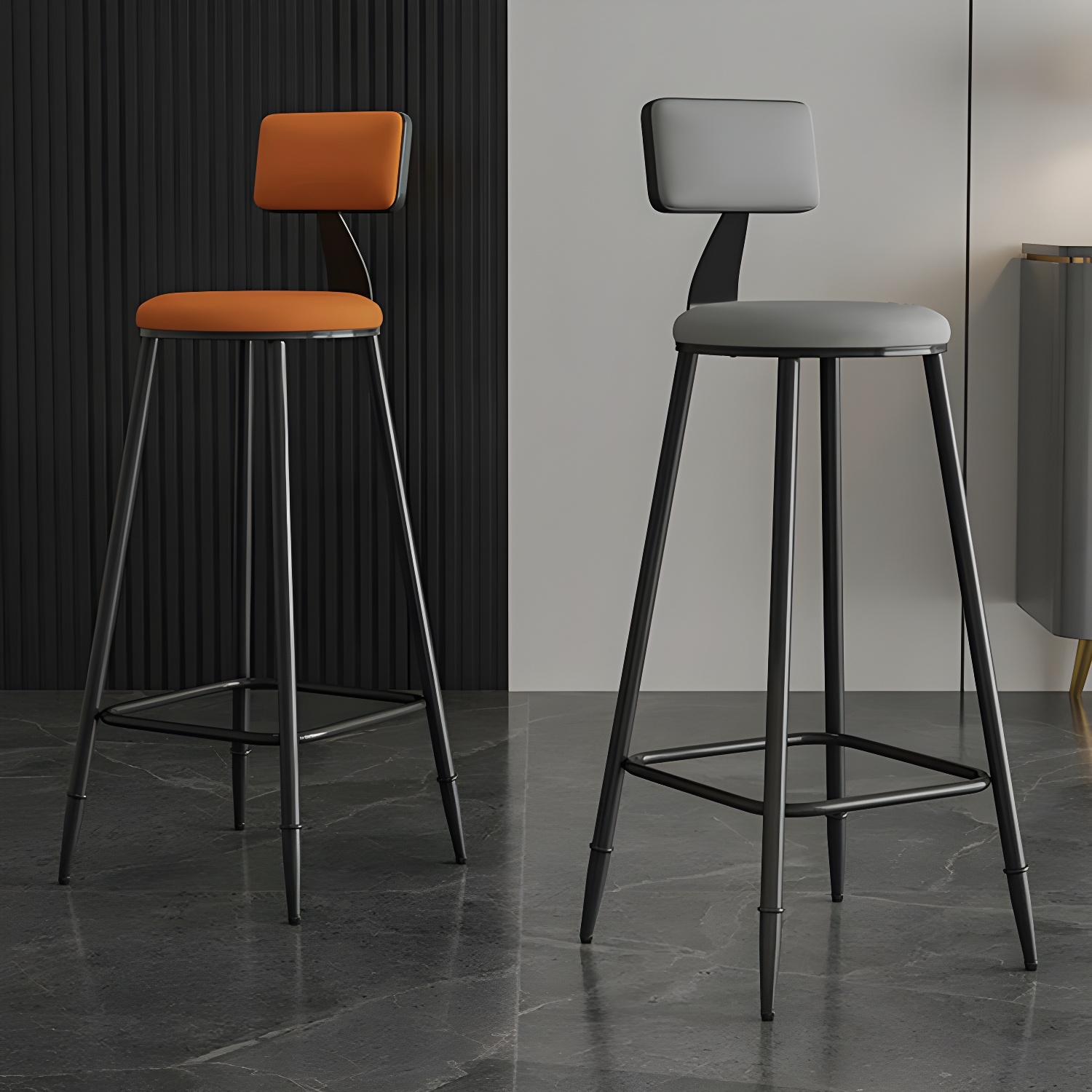 Modern Round Seat Bar Stool with Black Metal Frame and Backrest - Armless Design and Footrest