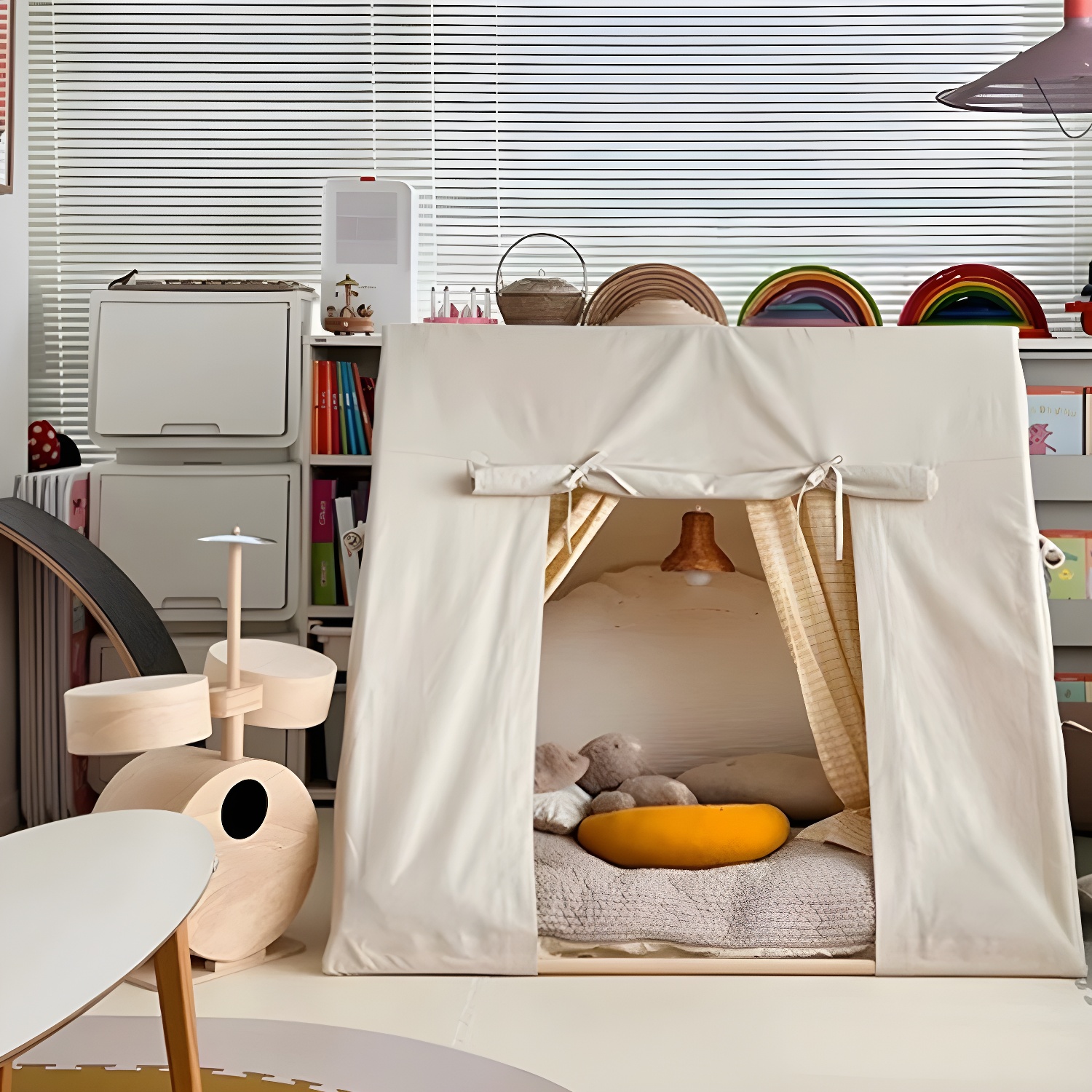 Triangle Cabin-themed Solid Colour Fabric Play Tent with Windows and Tent Poles for Indoor Play