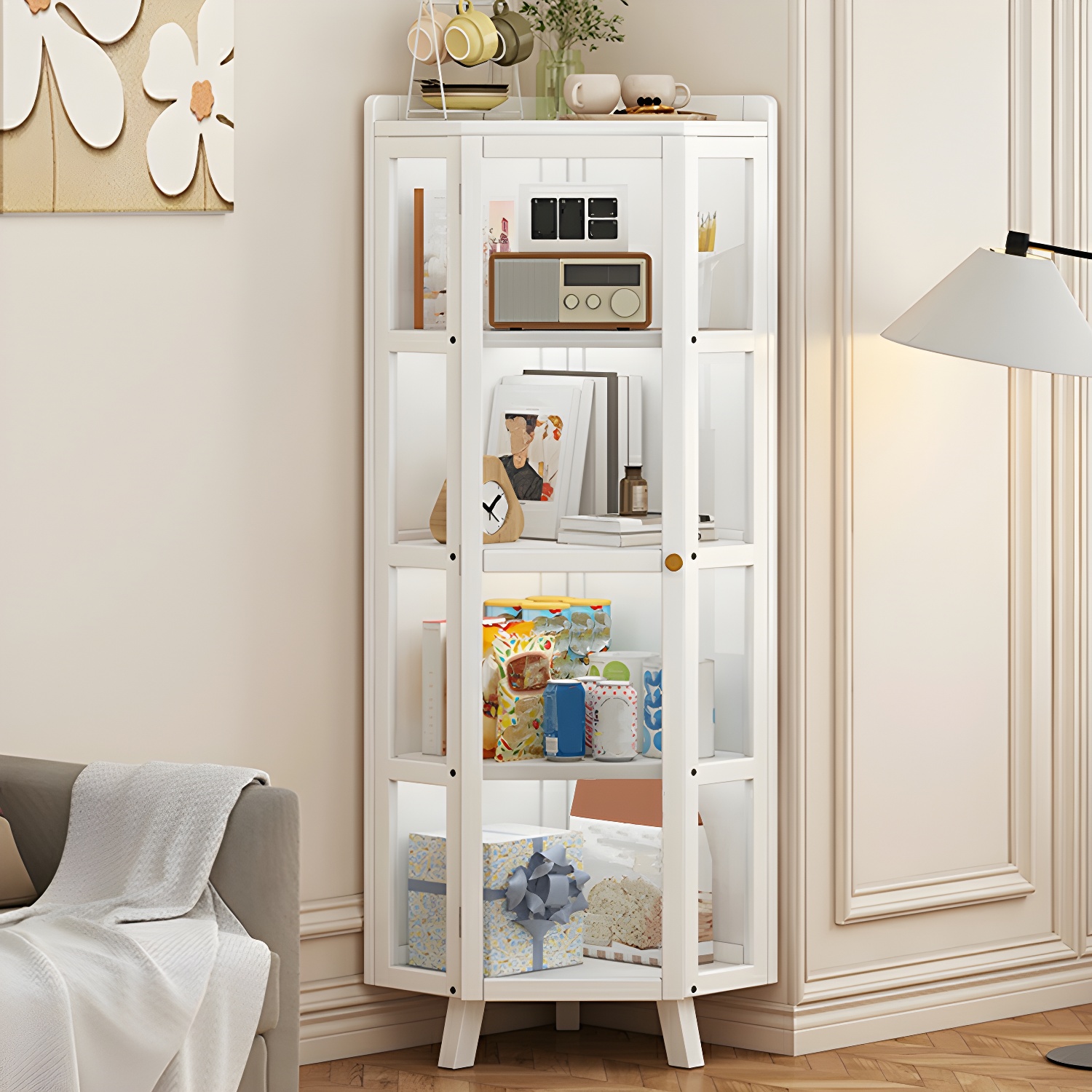 Modern White Bamboo Corner Display Stand with Cabinet and Hinged Door