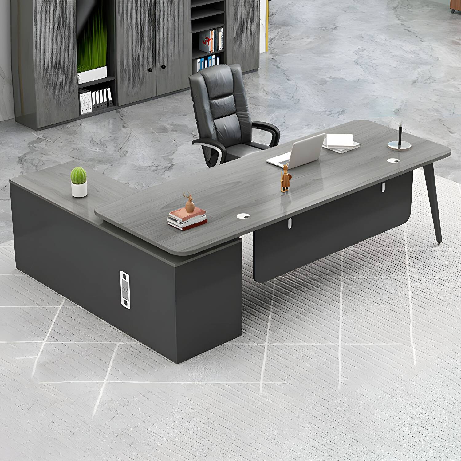 Modern L-Shape Executive Desk with Steel Pedestal Base, Cable Management, & Cabinet for Home Office
