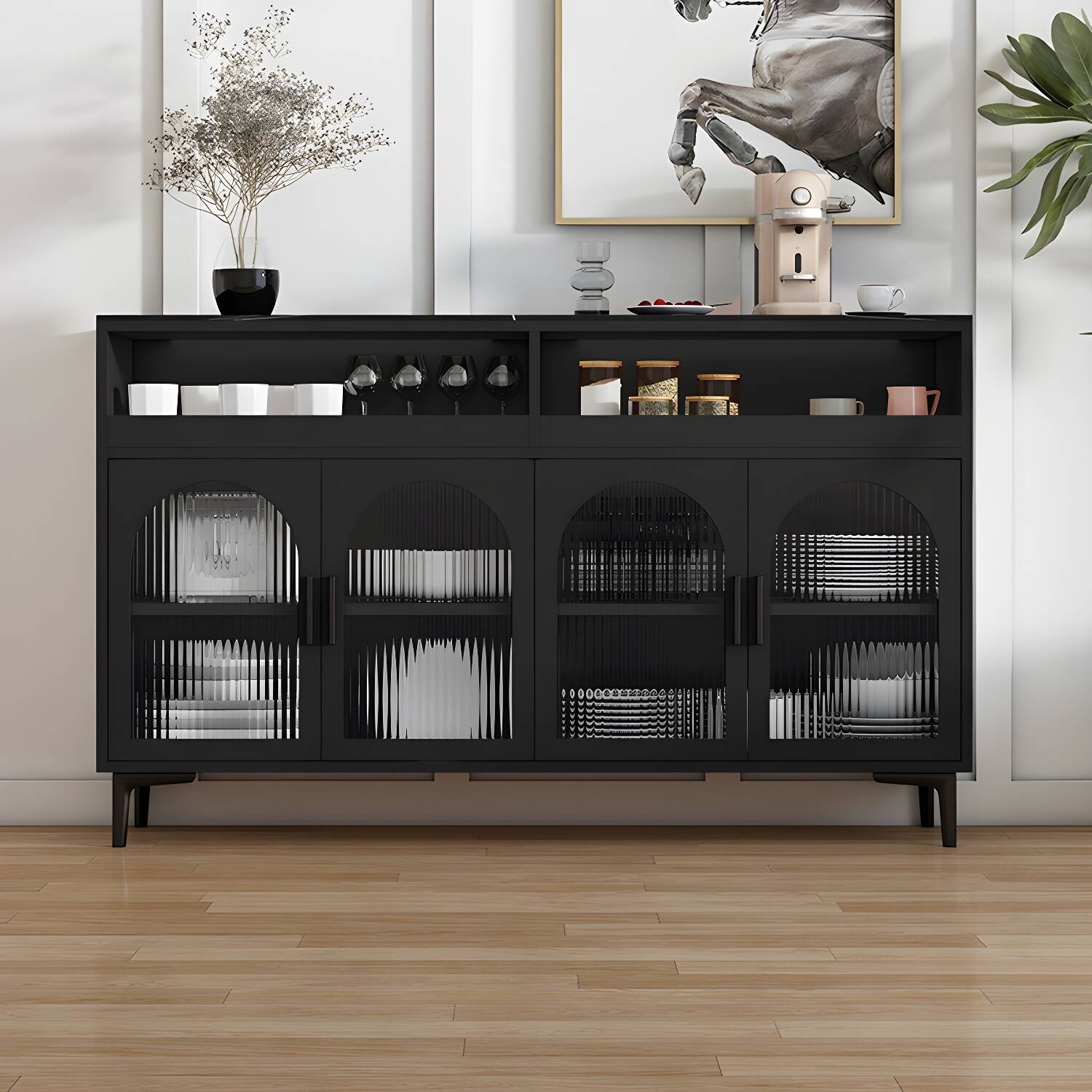 Modern Wood Buffet Sideboard with Stone Countertop and Glass Doors
