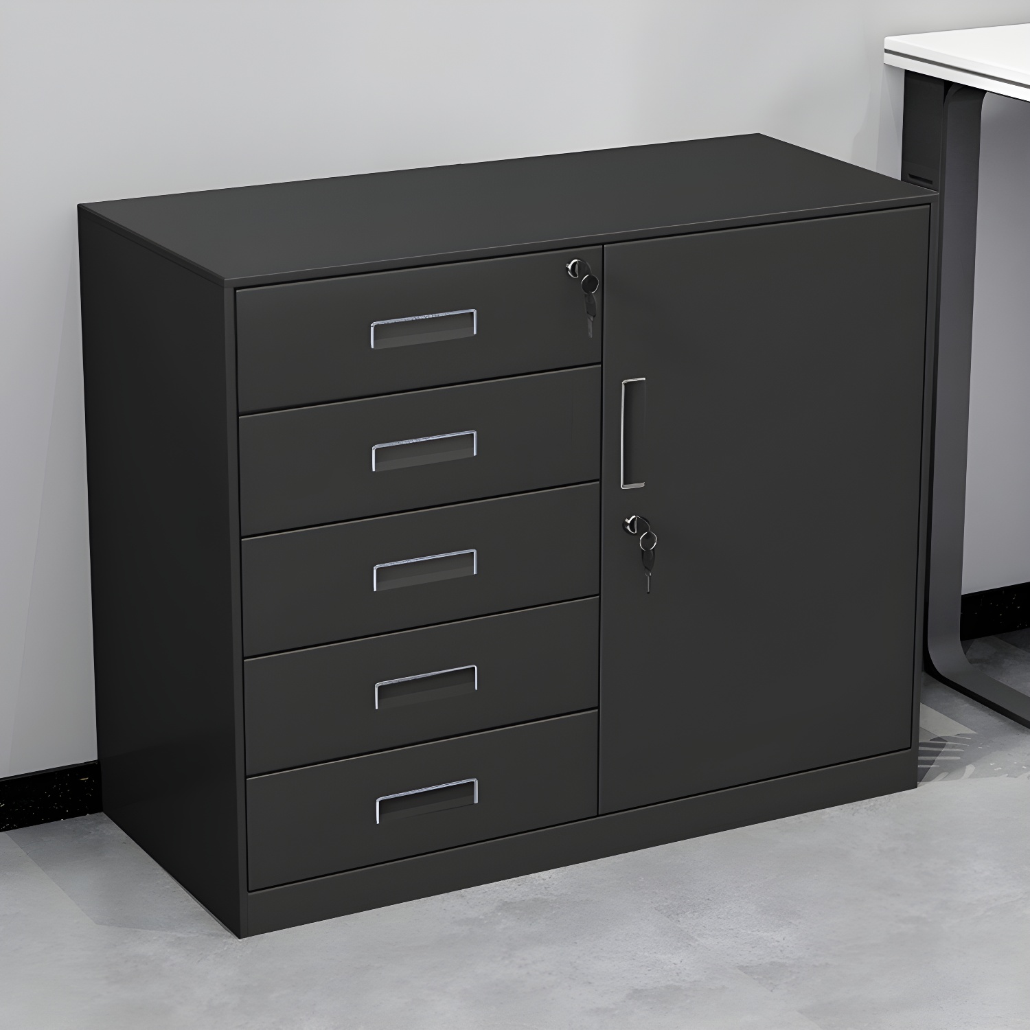 Modern Steel Lateral Filing Cabinet with Lock, 2 Adjustable Shelves & Self Close Drawer Glides