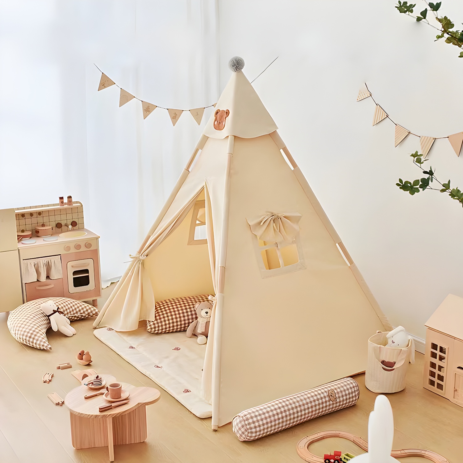 Modern Triangular White Foldable Play Tent with Windows and Lights for Indoor Play