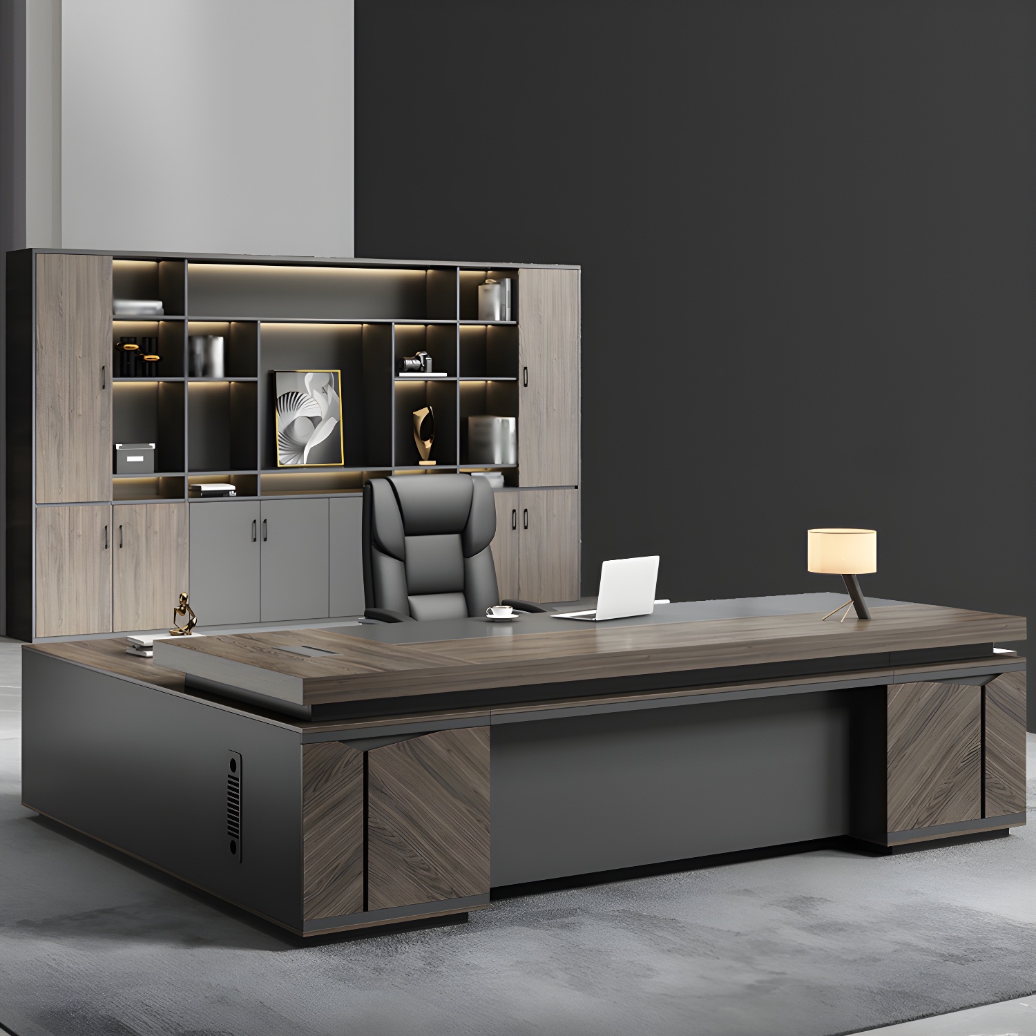 Traditional Brown Executive Desk with Locking Cabinet and Reversible L-Shape Design