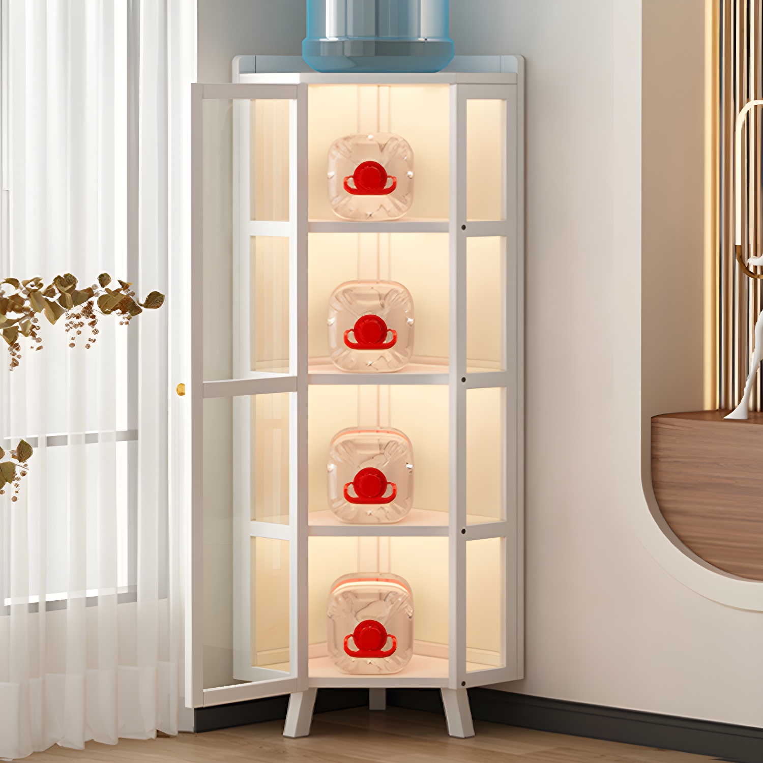 Chic White Bamboo Corner Display Stand with Hinged Door Cabinet