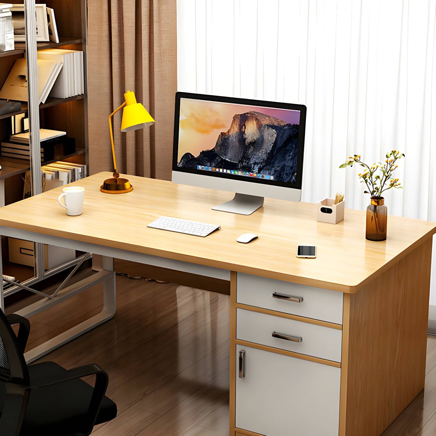 Modern Wood Writing Desk with Drawers - Office Desk with Pedestal Base