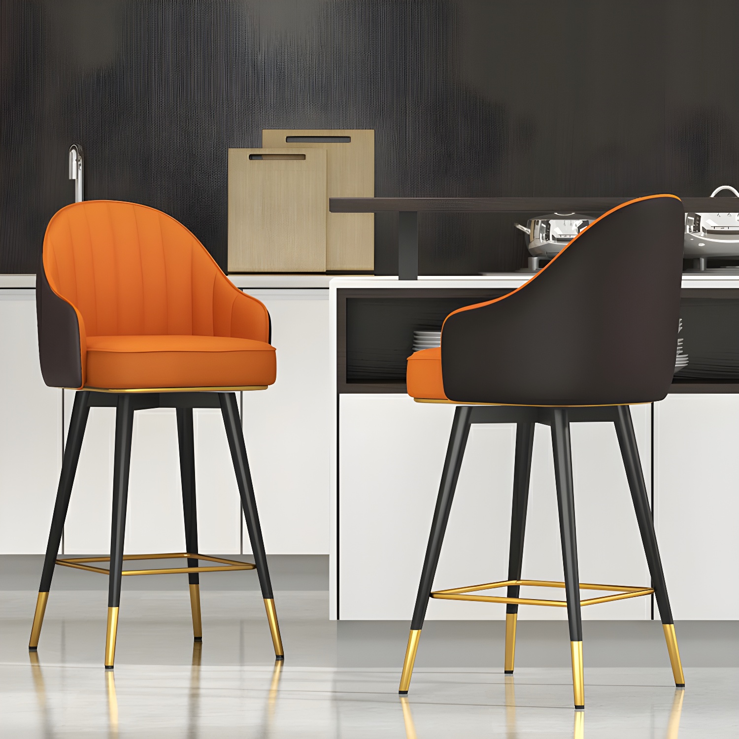 Glamorous Black Leather Bar Stool with Full Back and Metal Frame