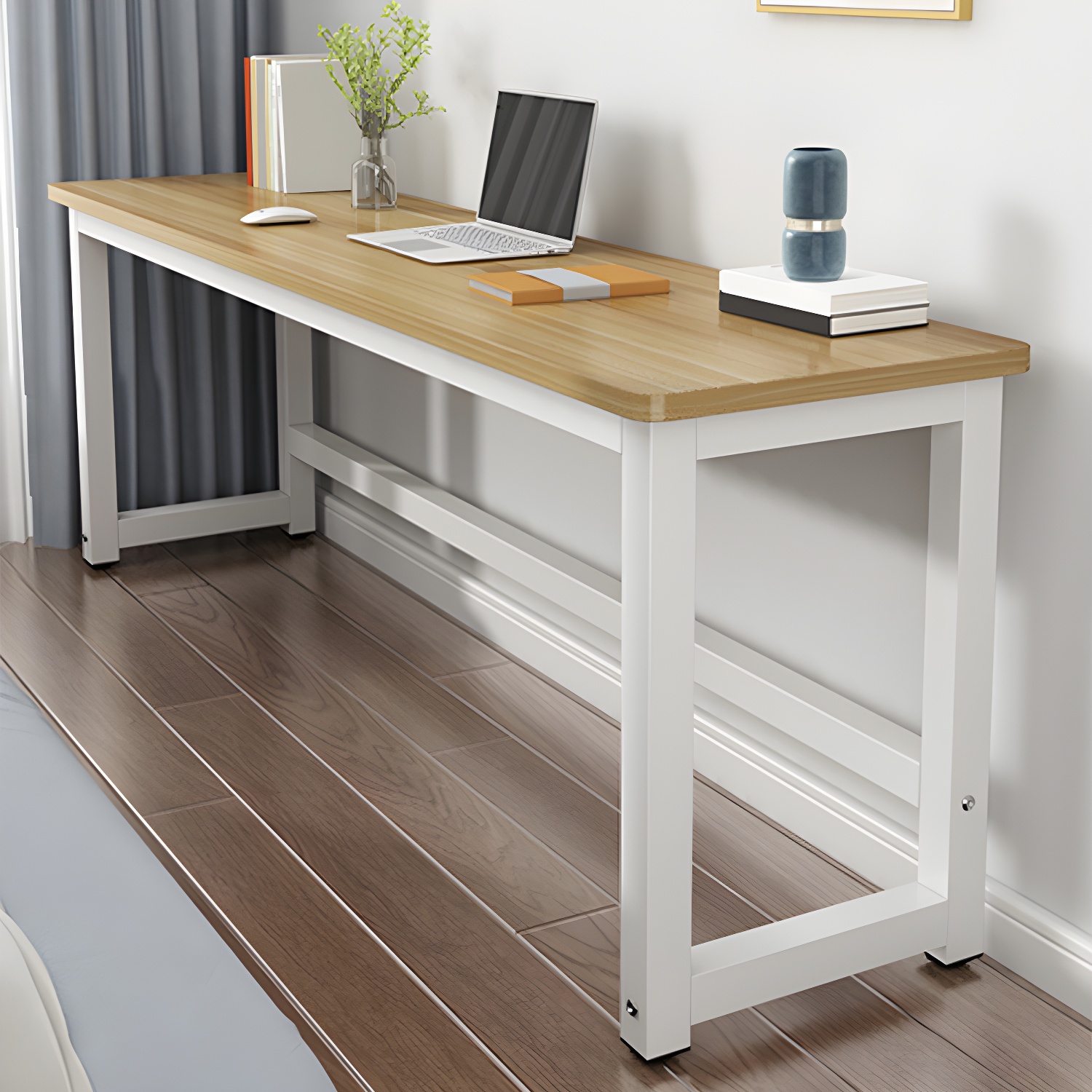 Modern Office Desk with White Metal Base and Natural Wood Top
