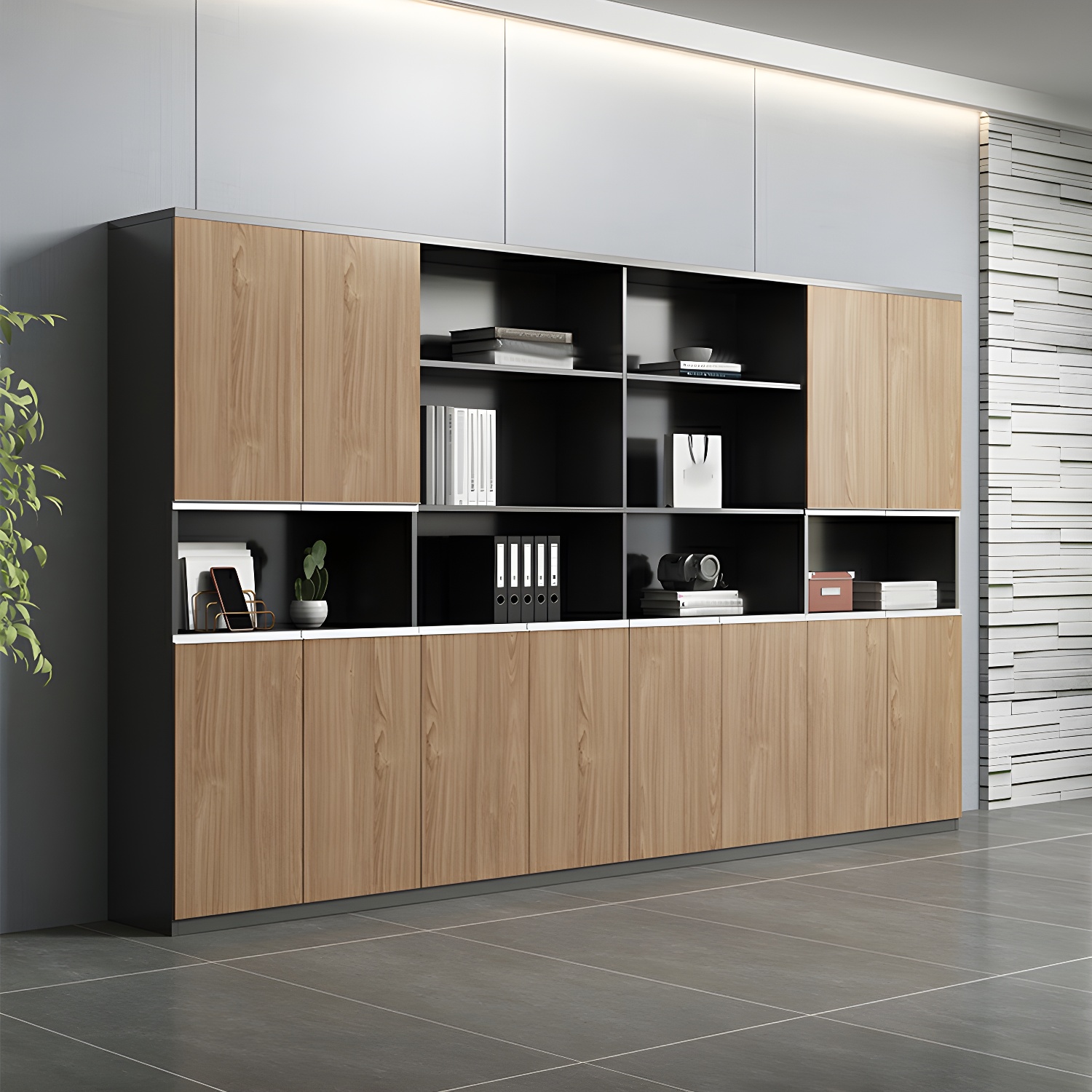Elegant Brown Lateral Filing Cabinet with Built-in Shelves and Wood Finish
