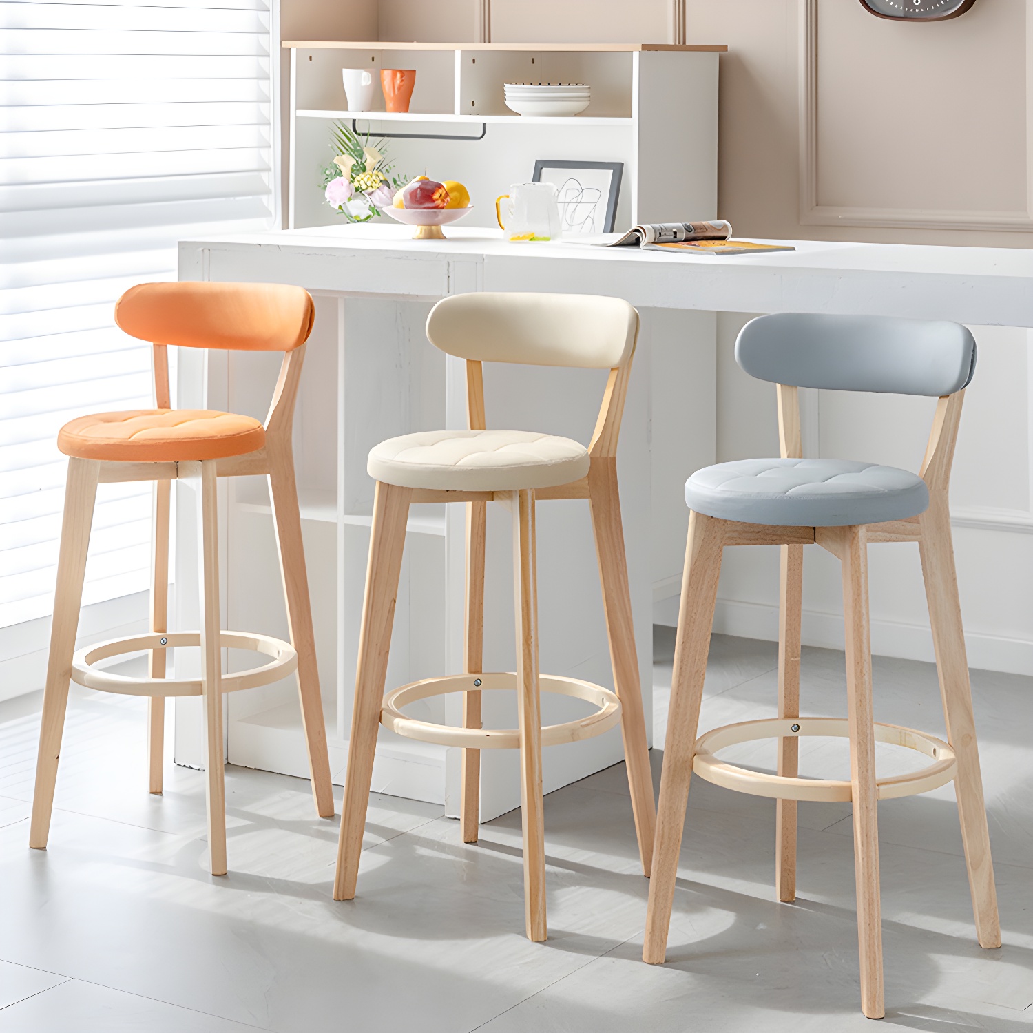 Scandinavian Style Round Bar Stool in Natural Wood with Low Back and Footrest