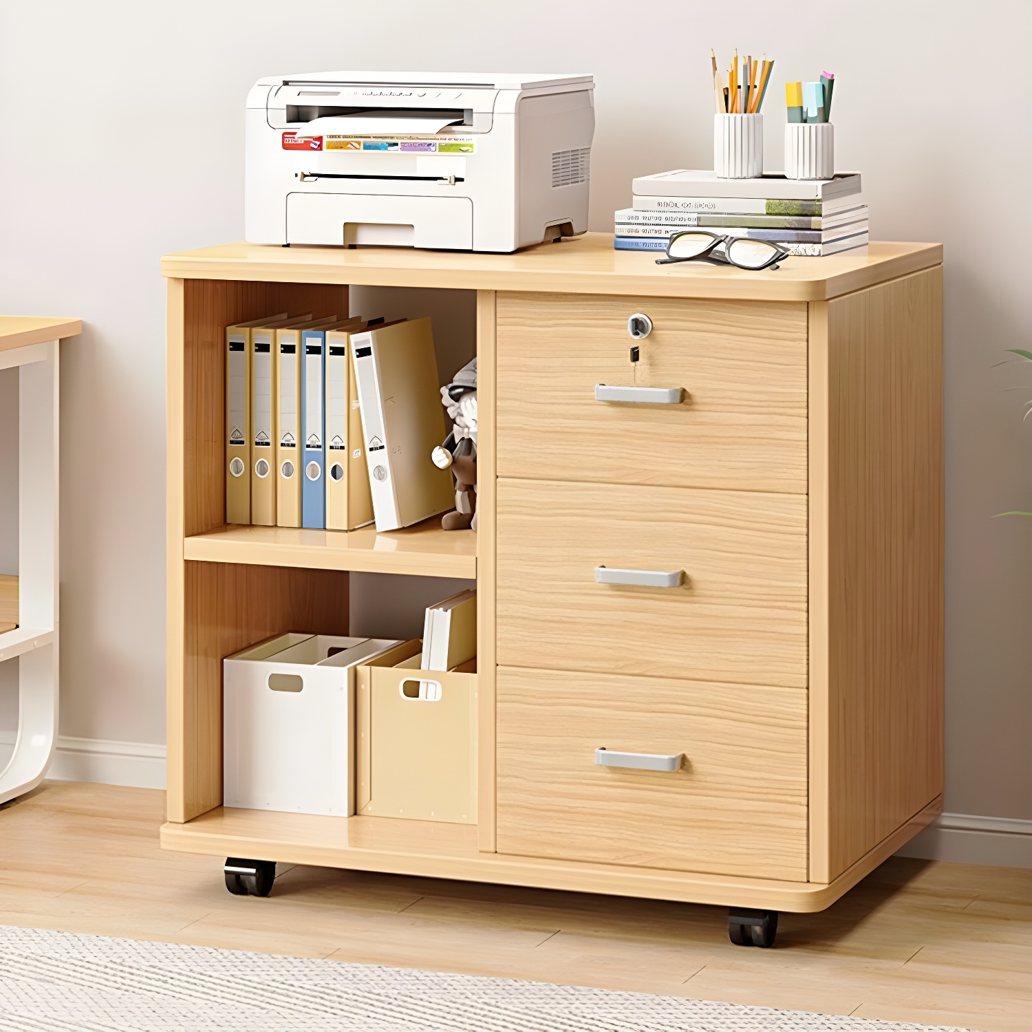 Modern Wood Lateral Filing Cabinet with Lock, 3 Shelves & Casters