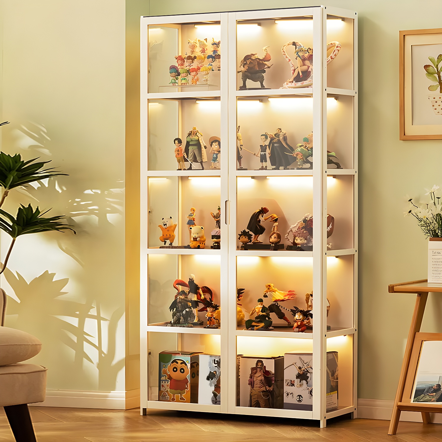 Sleek White Bamboo Display Stand - Hinged Cabinet Included - Modern Design