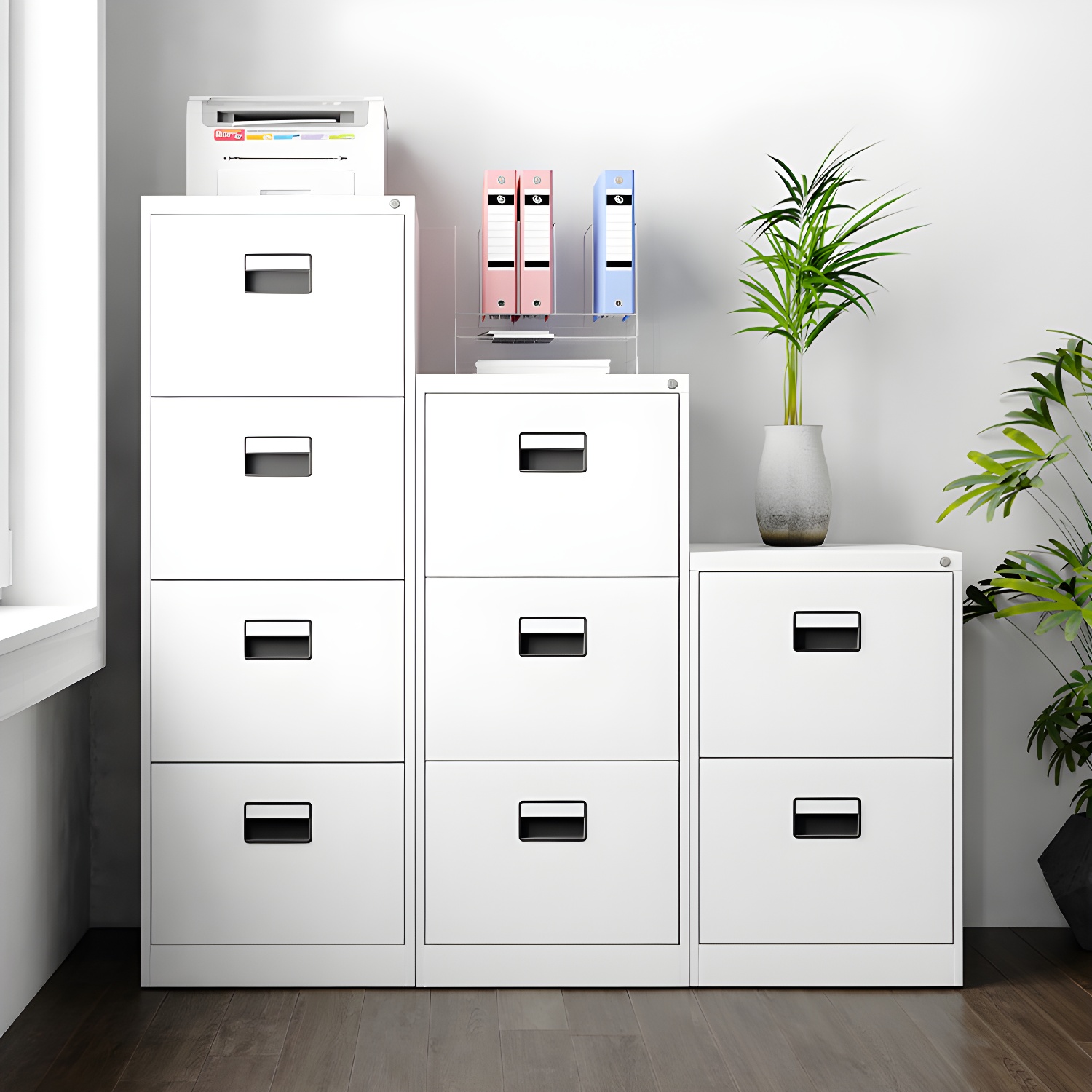 Modern Steel Vertical Filing Cabinet with Lock, Drawers & Self-Close Glides