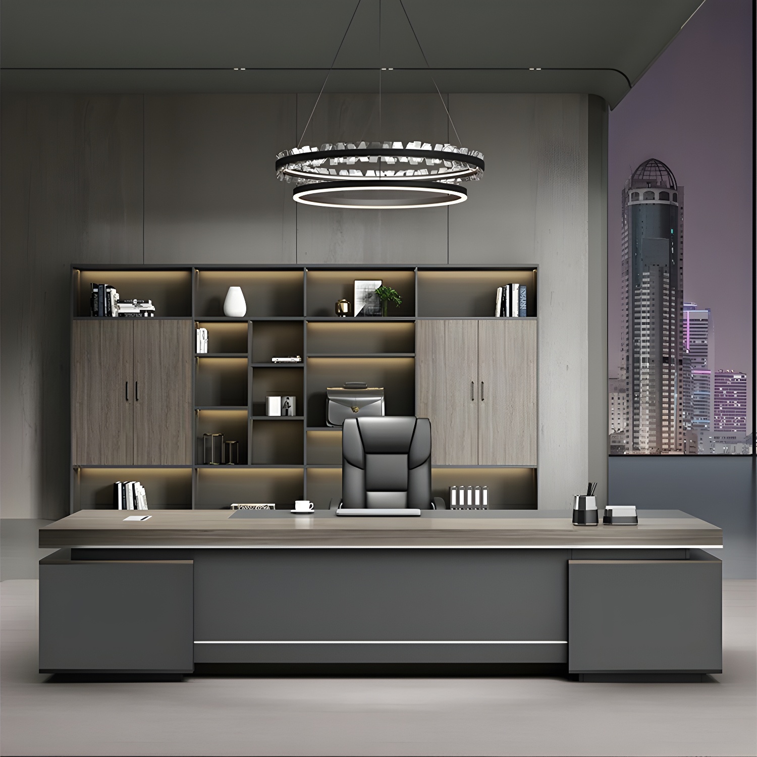 Gray Wood Executive Desk with Pedestal Base and Drawers for Office