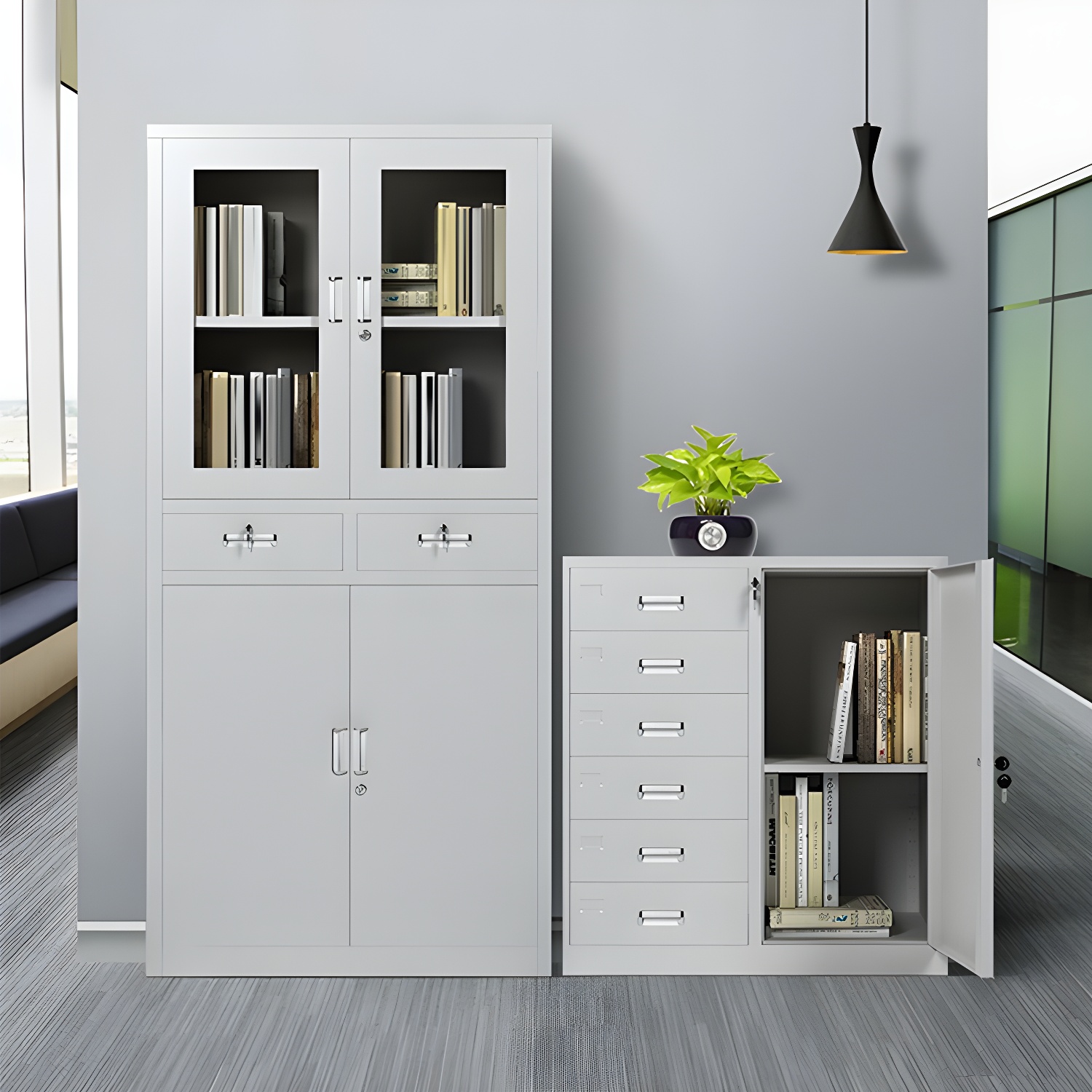 Fireproof White Steel Filing Cabinet with Adjustable Shelves & Key Lock Mechanism