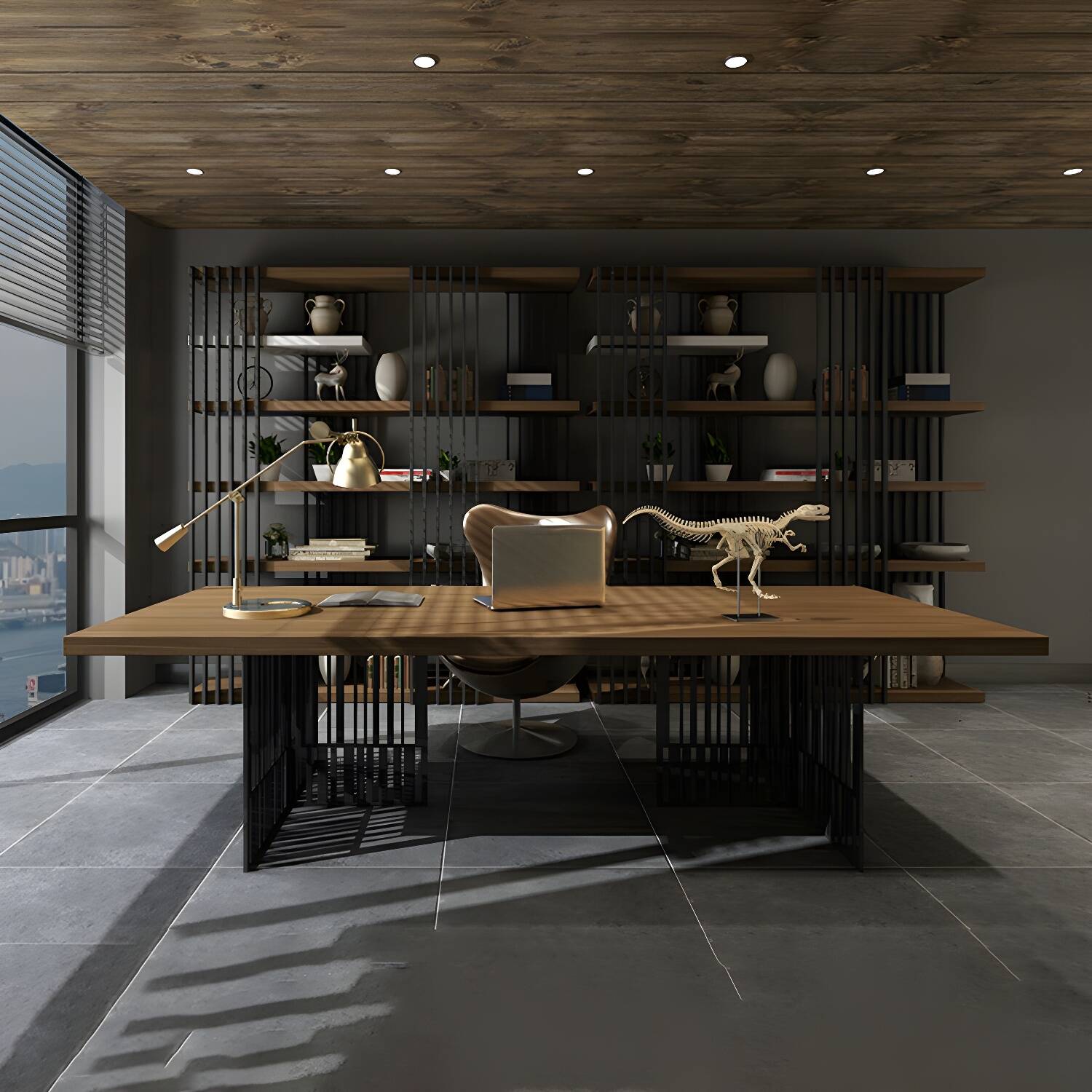 Modern Office Desk with Natural Wood Top and Black Steel Base