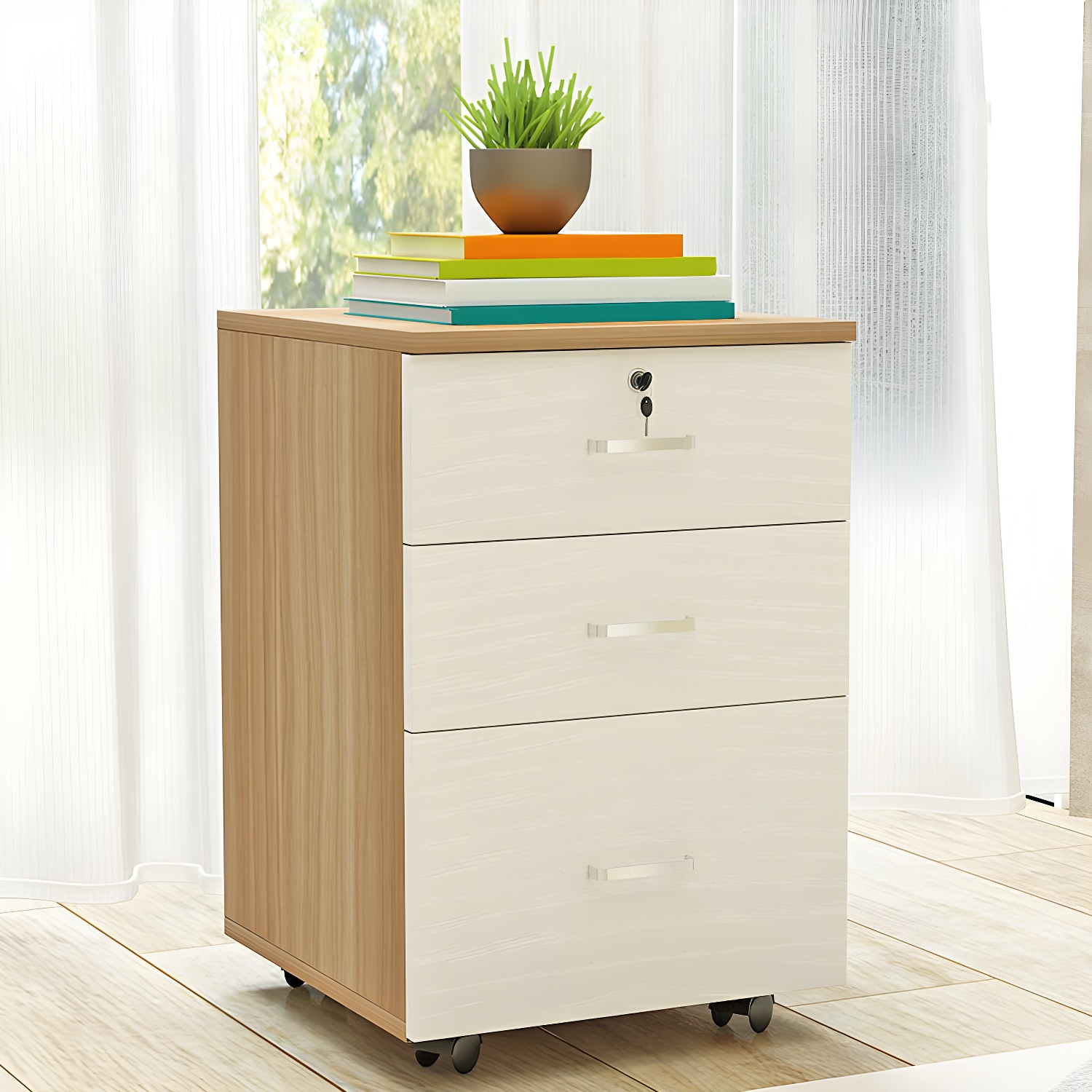 Wooden Vertical Filing Cabinet with Lock, Casters, and Self-Close Glides