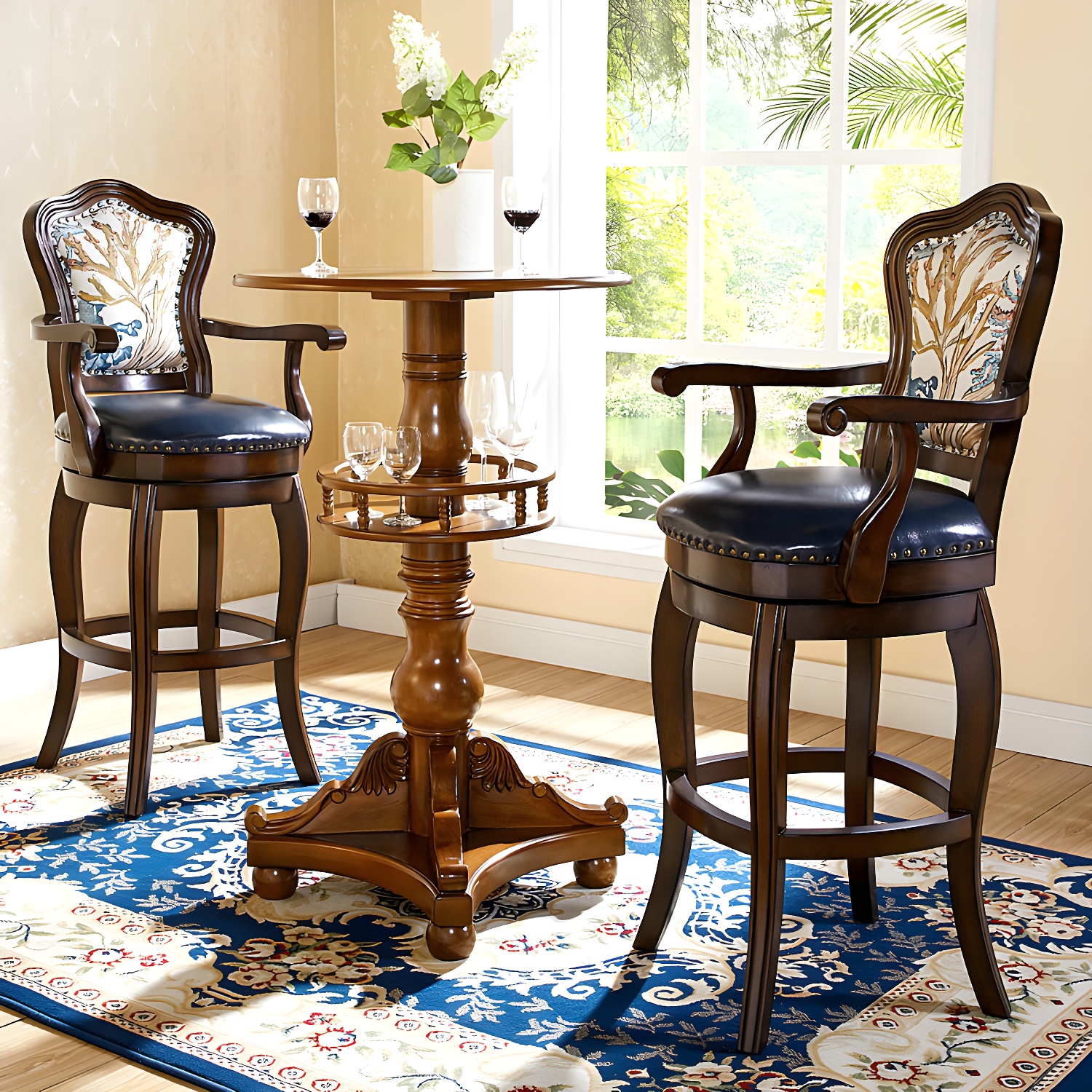 Traditional Brown Leather Bar Stool with Full Back and Wooden Frame