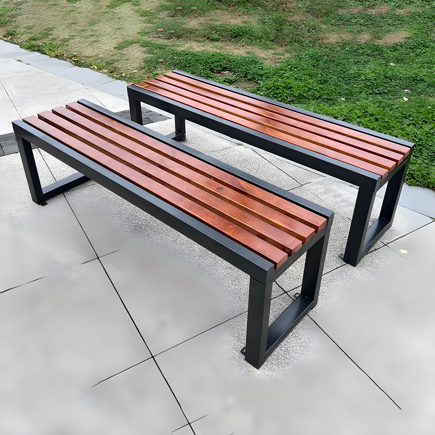 Modern Black Metal Park Bench with Corrosion Resistant Frame and Medium Wood Seating