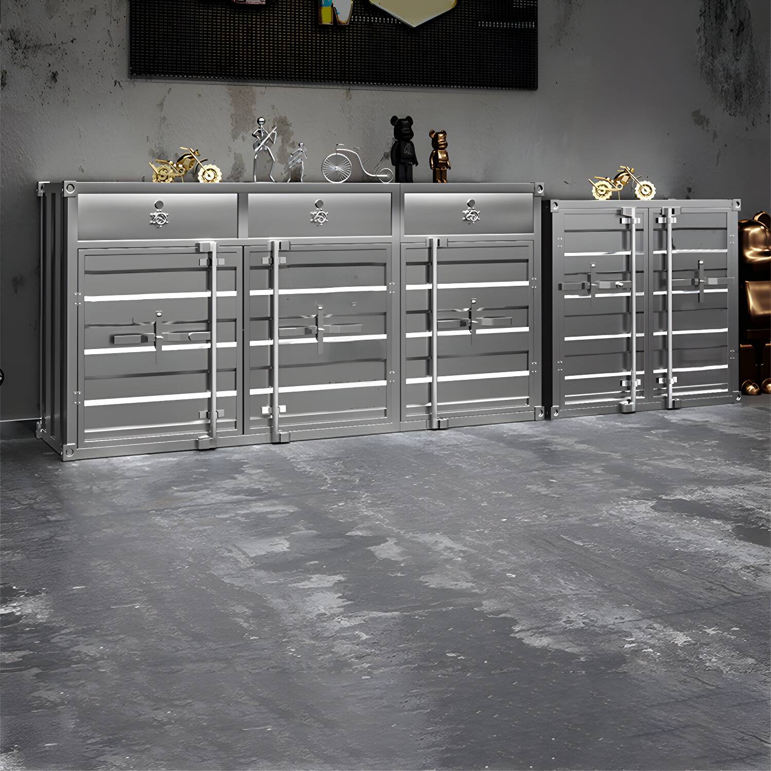 Industrial Silver Metal Sideboard Credenza with Cabinets and Shelves