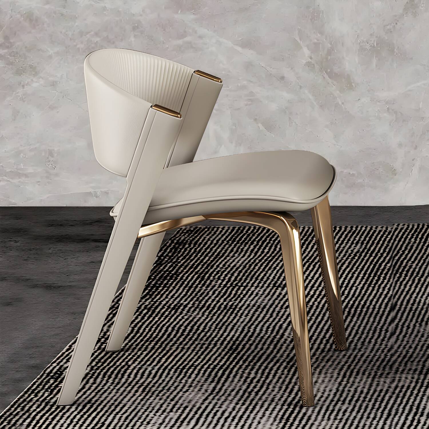 Glam Off-White Faux Leather Side Chair with Brass/Gold Metal Legs, Low Back