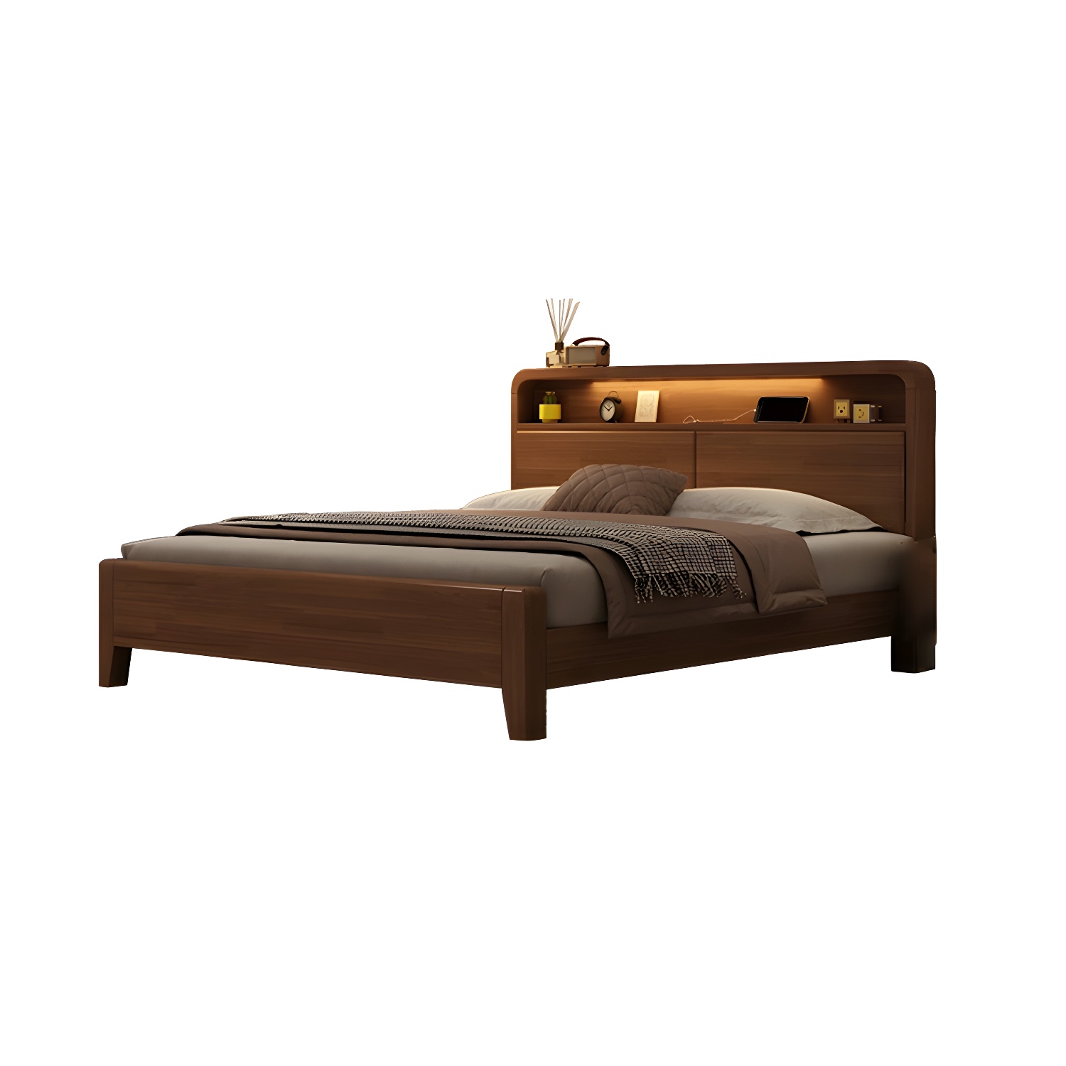 Modern Brown Wood Panel Bed with Adjustable Headboard Included