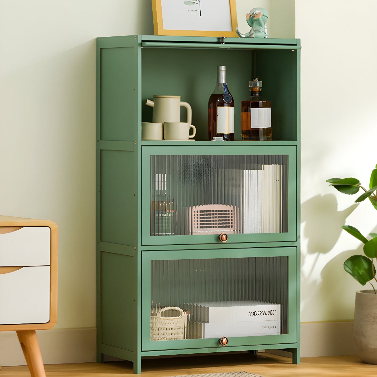 Modern Style Green Bamboo China Cabinet with Acrylic Cabinet Door