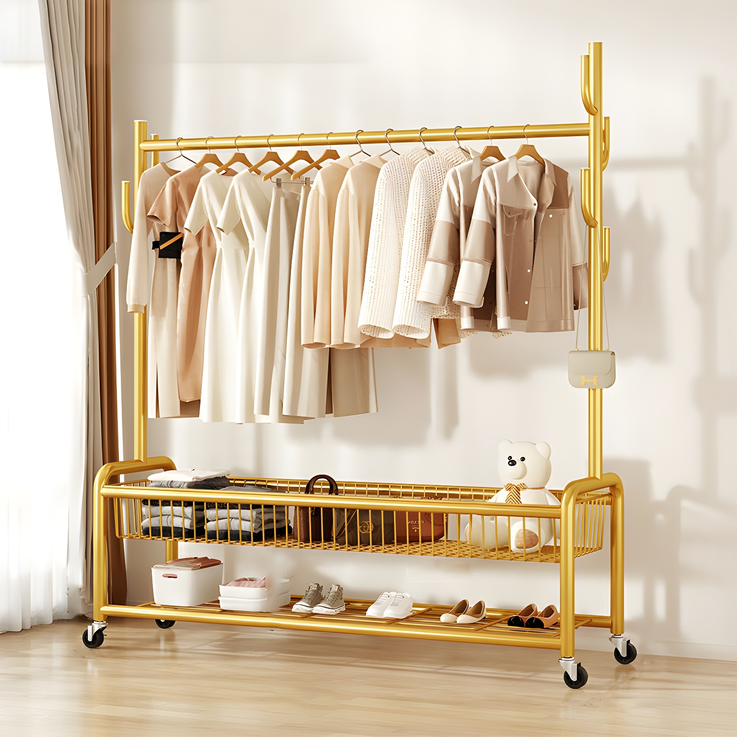 Metal Shoe Rack with Hooks - Modern Hall Tree & Coat Rack with Shoe Storage Included