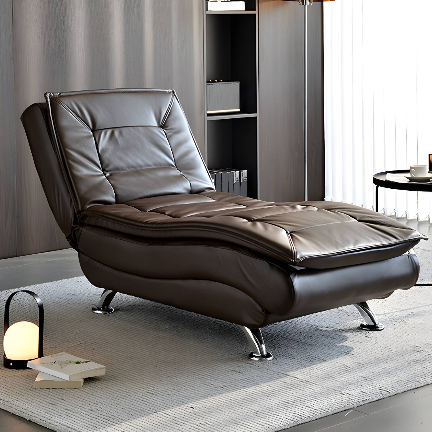 Modern Reclining Armless Chaise Lounge with Silver Metal Legs and Unremovable Cushions