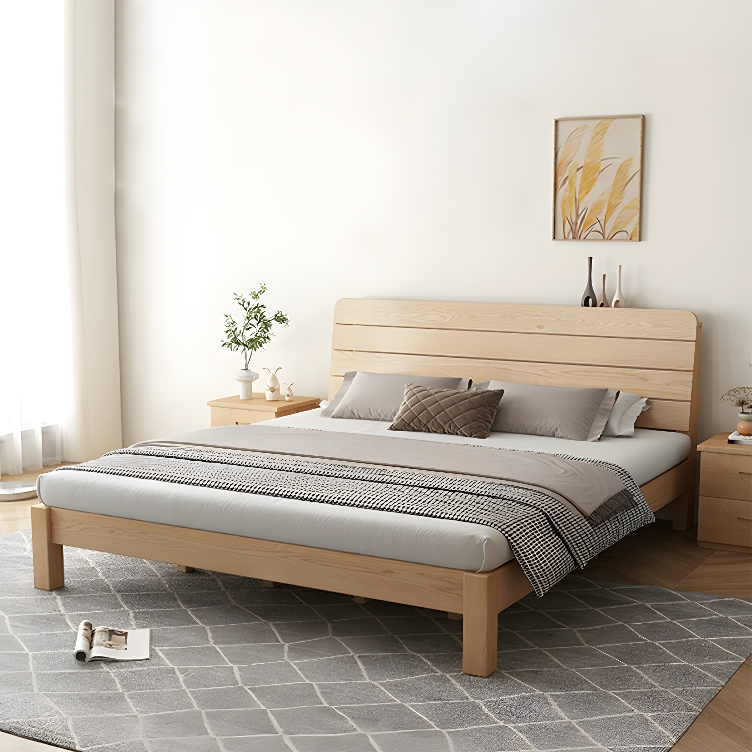 Scandinavian Style Natural Wood Panel Bed with Included Headboard