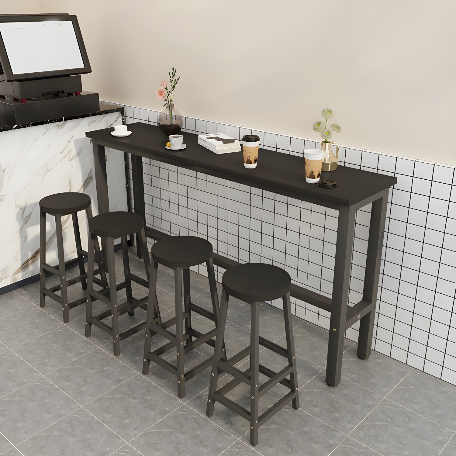 Modern Counter Height Rectangular Bar Table with Wood Top and Metal Trestle Base - Footrest Included