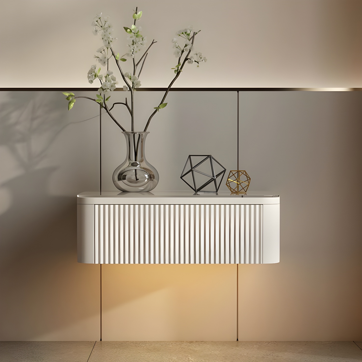 Modern Grey Wooden Nightstand with Glass Countertop and Floating Shelf