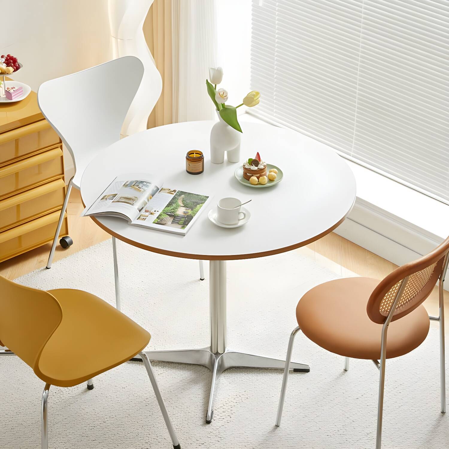 White Wood Modern Kitchen & Dining Table with Silver Metal Pedestal Base