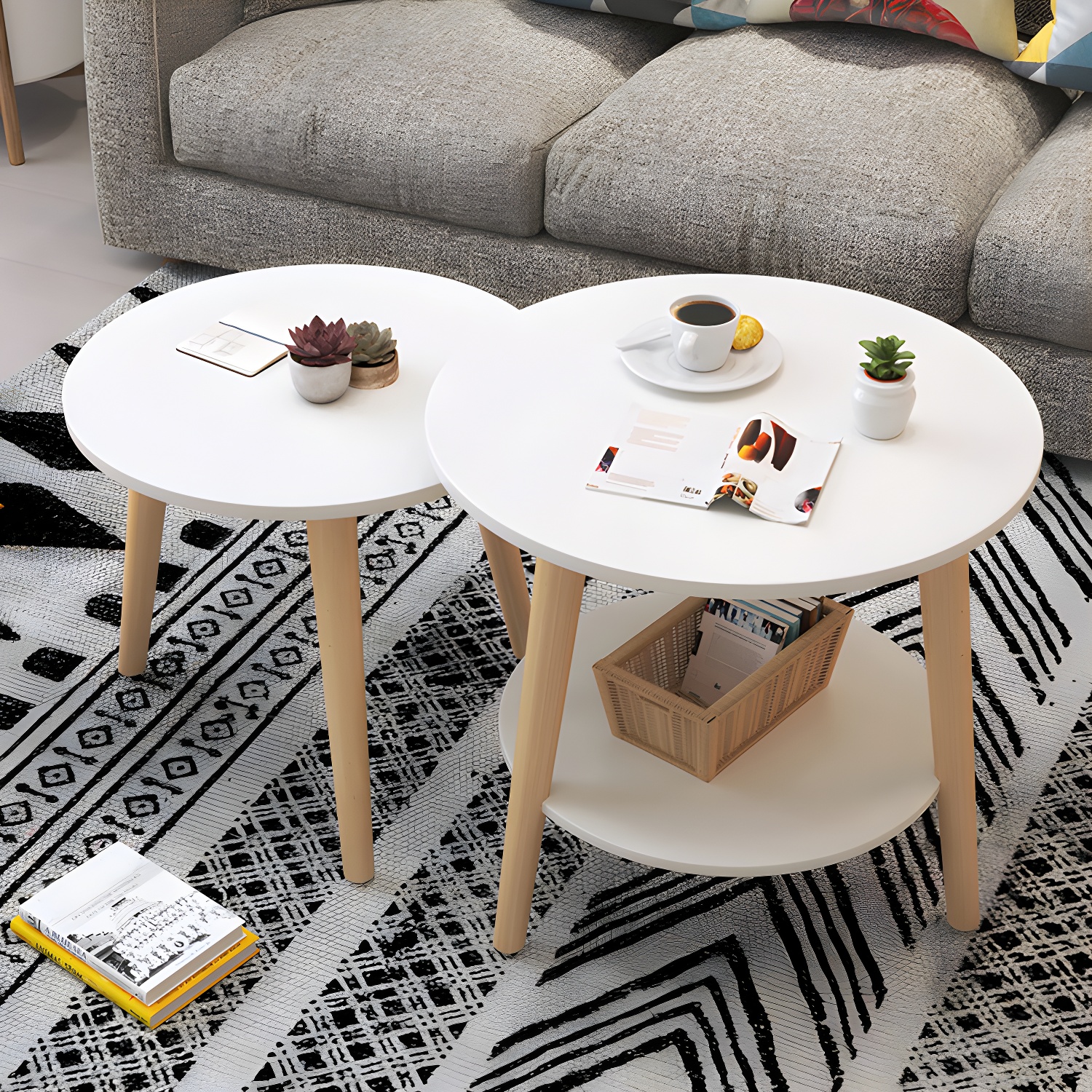 Scandinavian Style Round Wood Side Table with Three Leg Base and Manufactured Wood Top