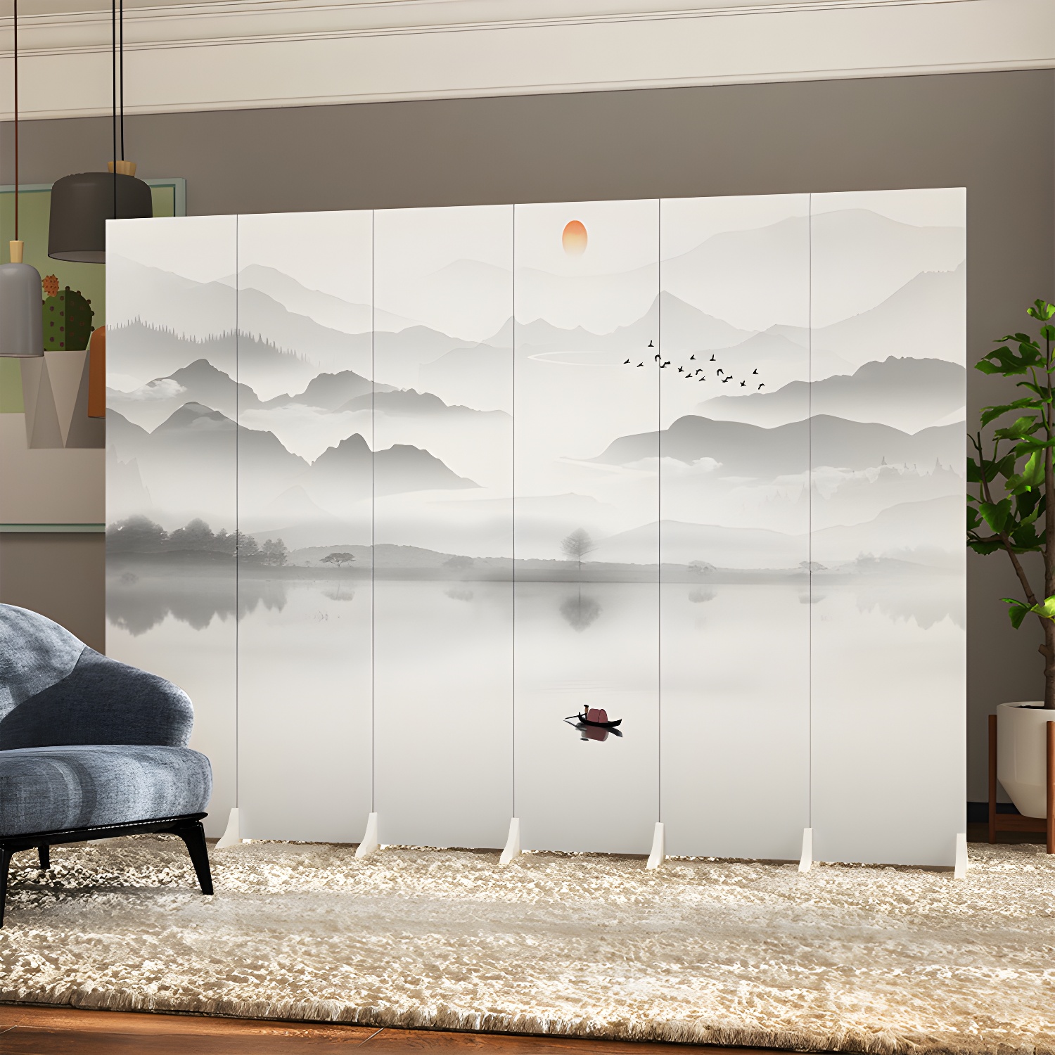 Stylish Modern Wood Folding Privacy Screen Room Divider with Opaque Canvas Panels