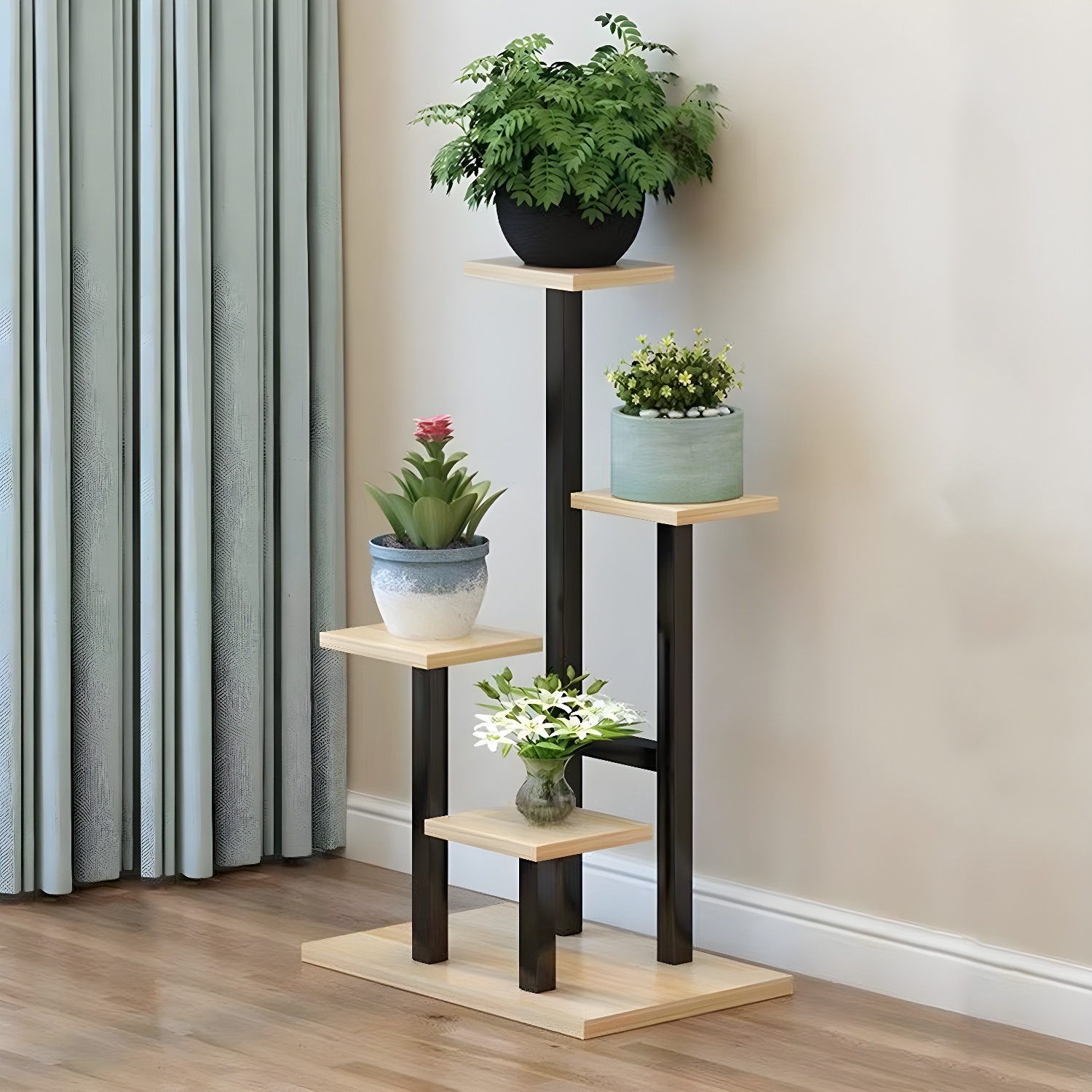 Modern 4-Tier Square Wood and Metal Plant Stand with Shelves