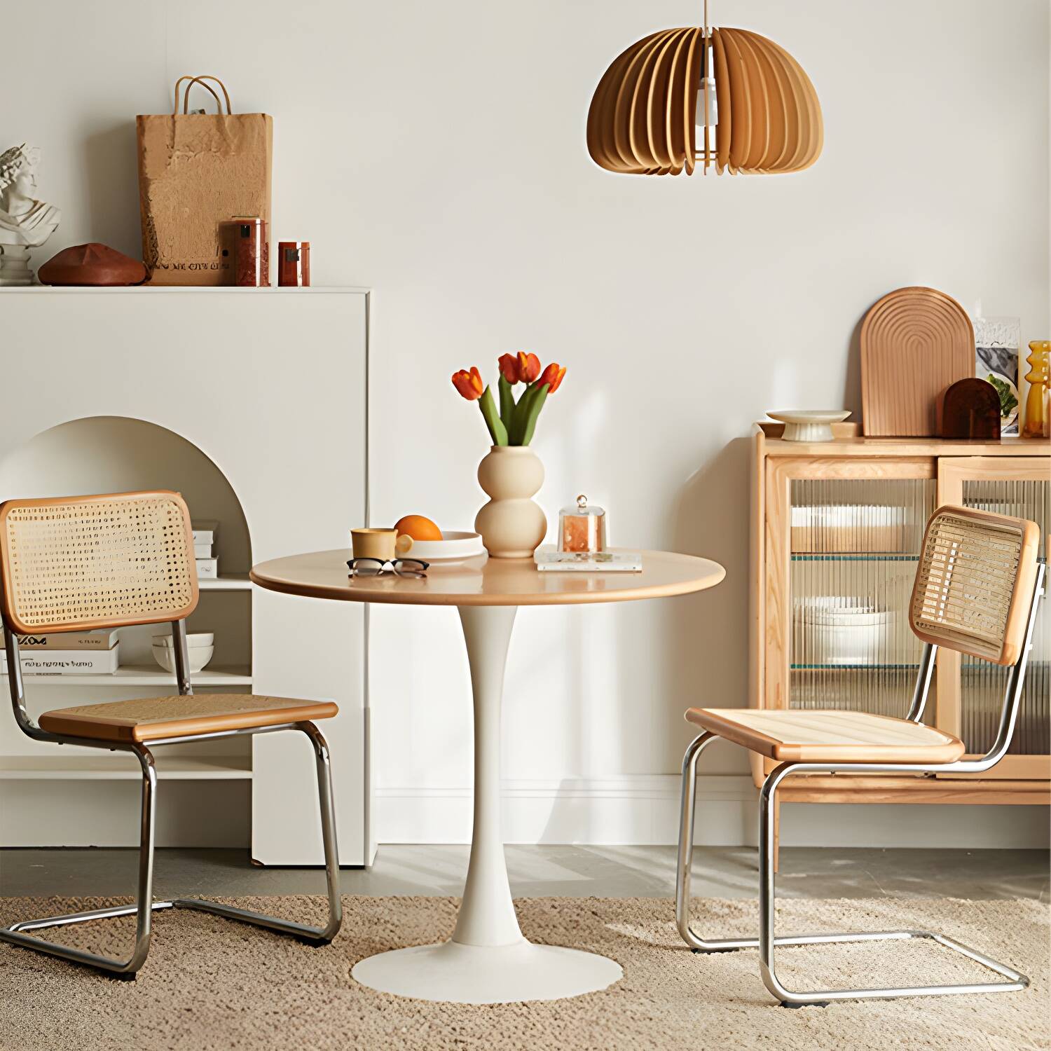 White Round Wood Dining Table with Steel Tulip Base, Modern Design