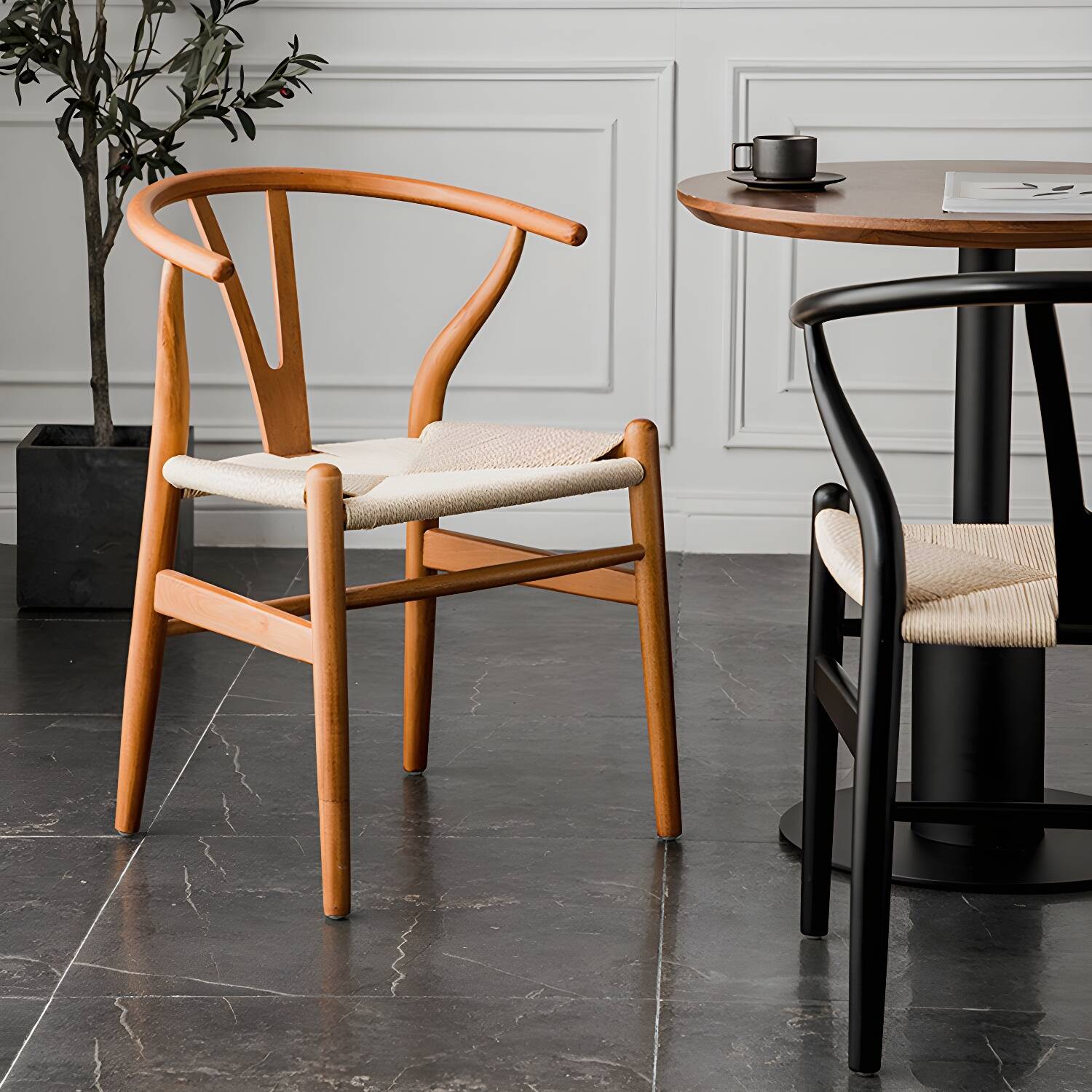 Scandinavian Wood Side Chair with Wishbone Back and Upholstered Seat for Kitchen & Dining