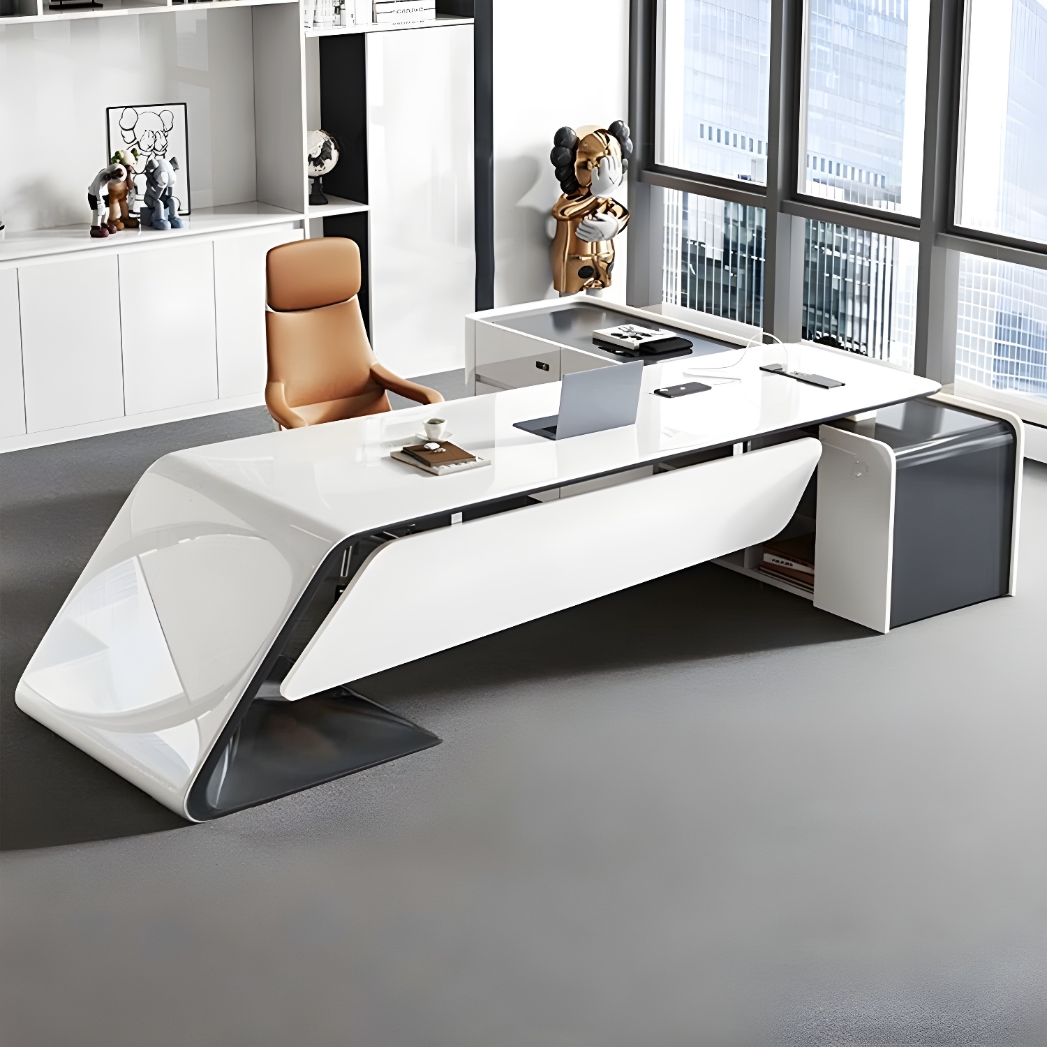 Modern L-Shape Executive Desk with Drawers and Exterior Shelving in White
