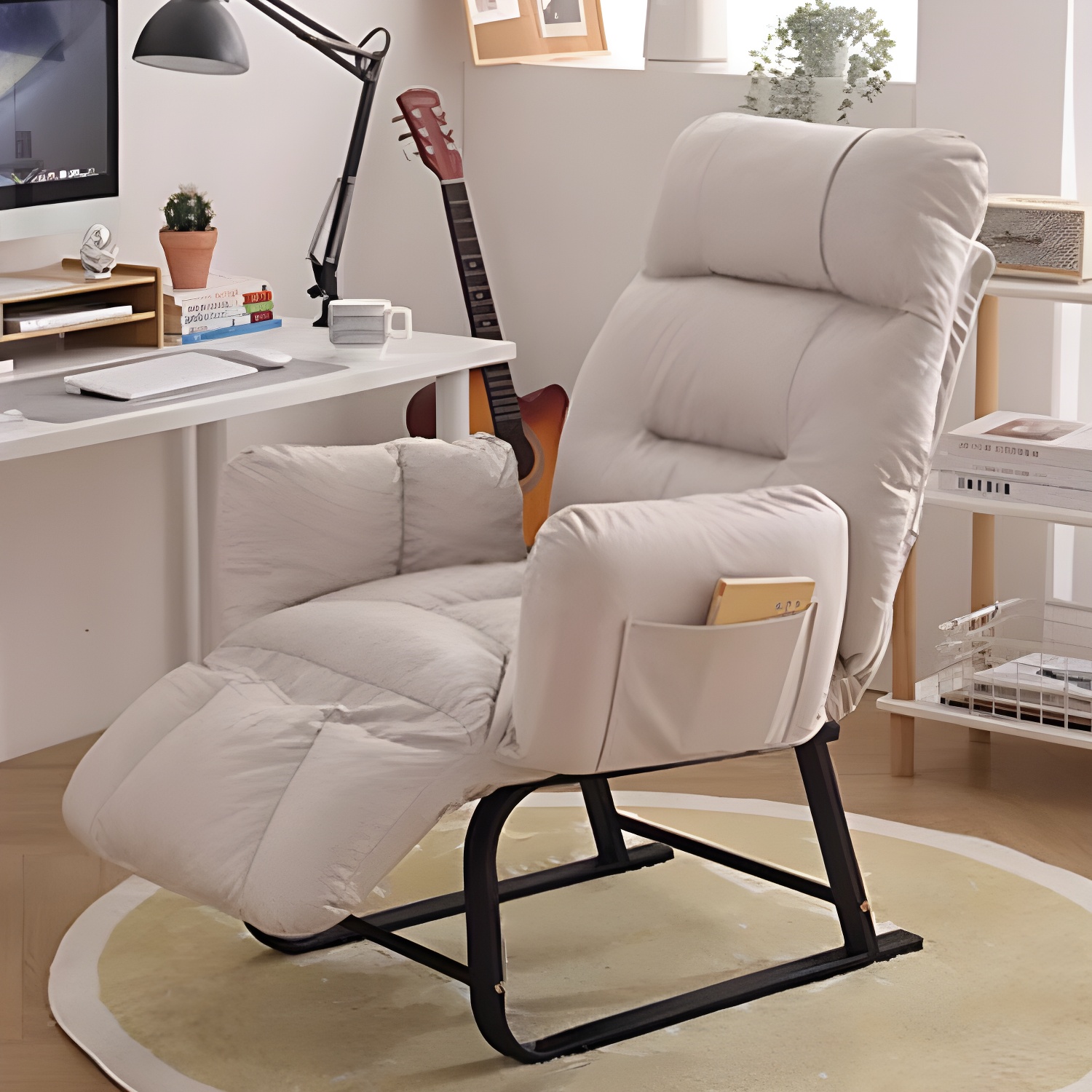 Ergonomic Metal Recliner with Storage, Solid Colour Design and Locking Back Adjustment