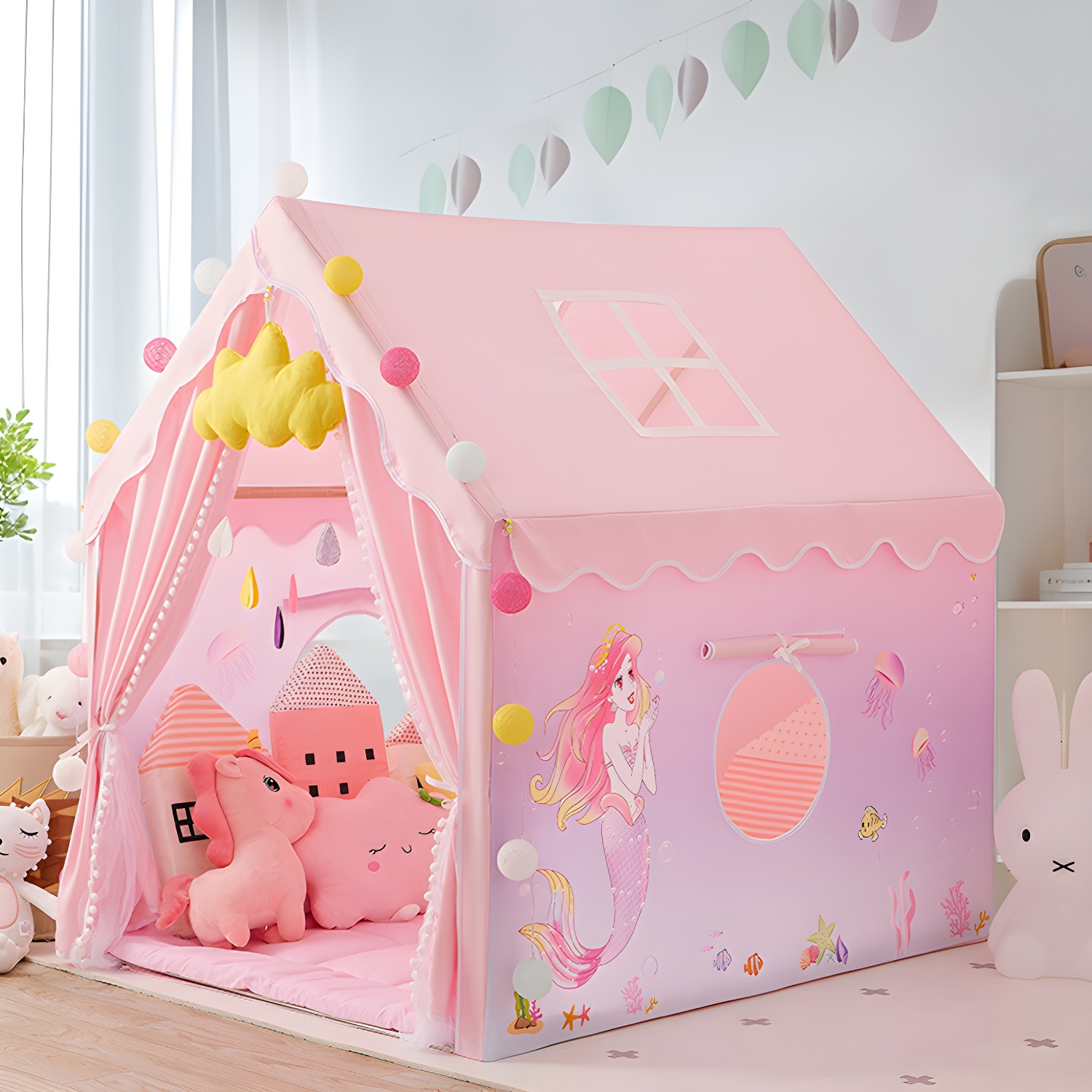 Princess Pink Square Play Tent with Windows and Skylight, Lights Included, for Indoor Use