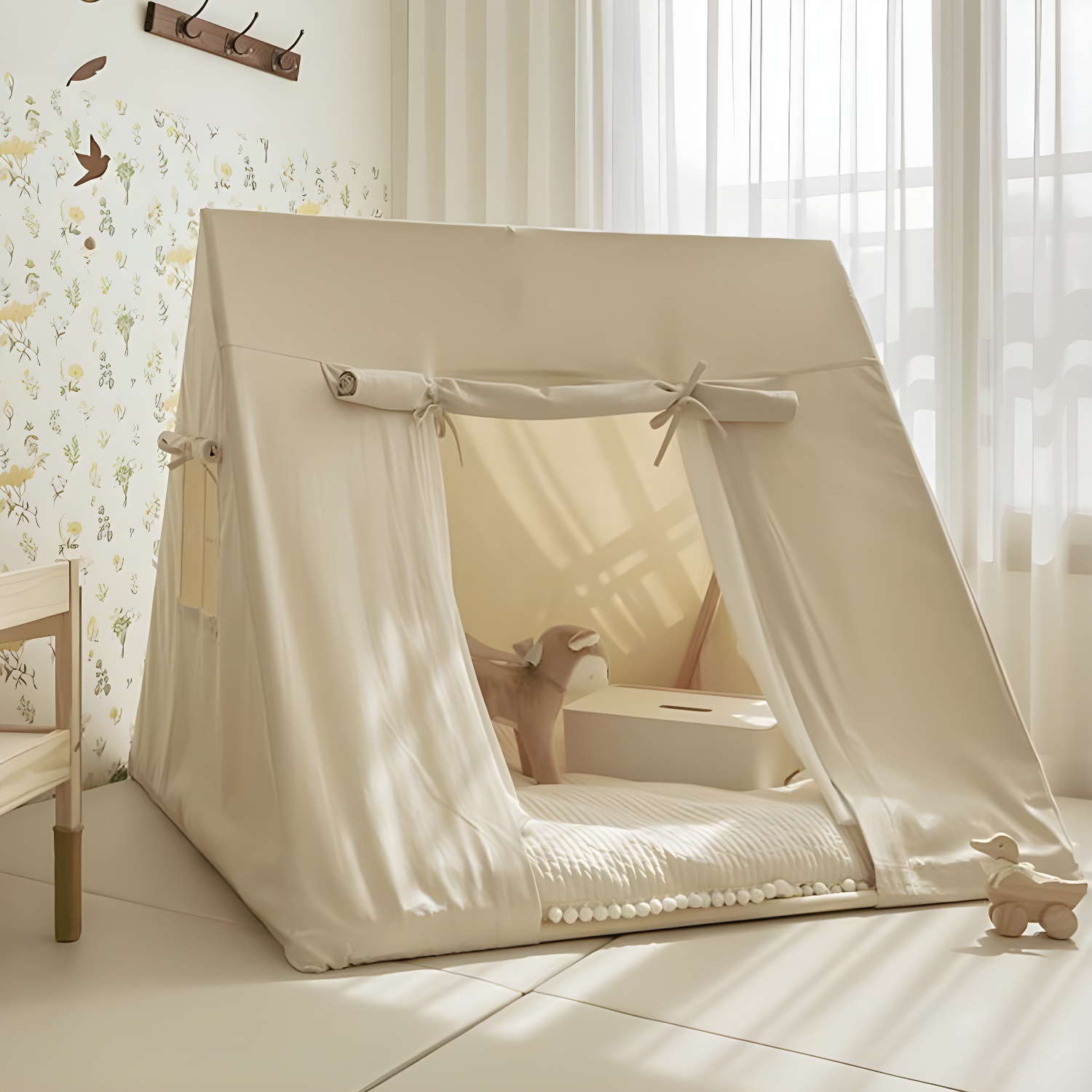 Beige Triangular Canvas Play Tent with Windows and Lights Included