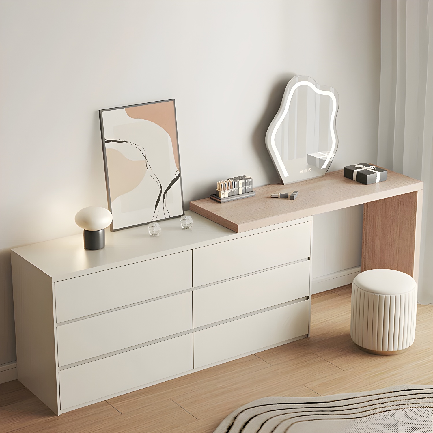 Elegant White-Mirrored Glass Makeup Vanity with Organizer Drawers and Comfortable Seating