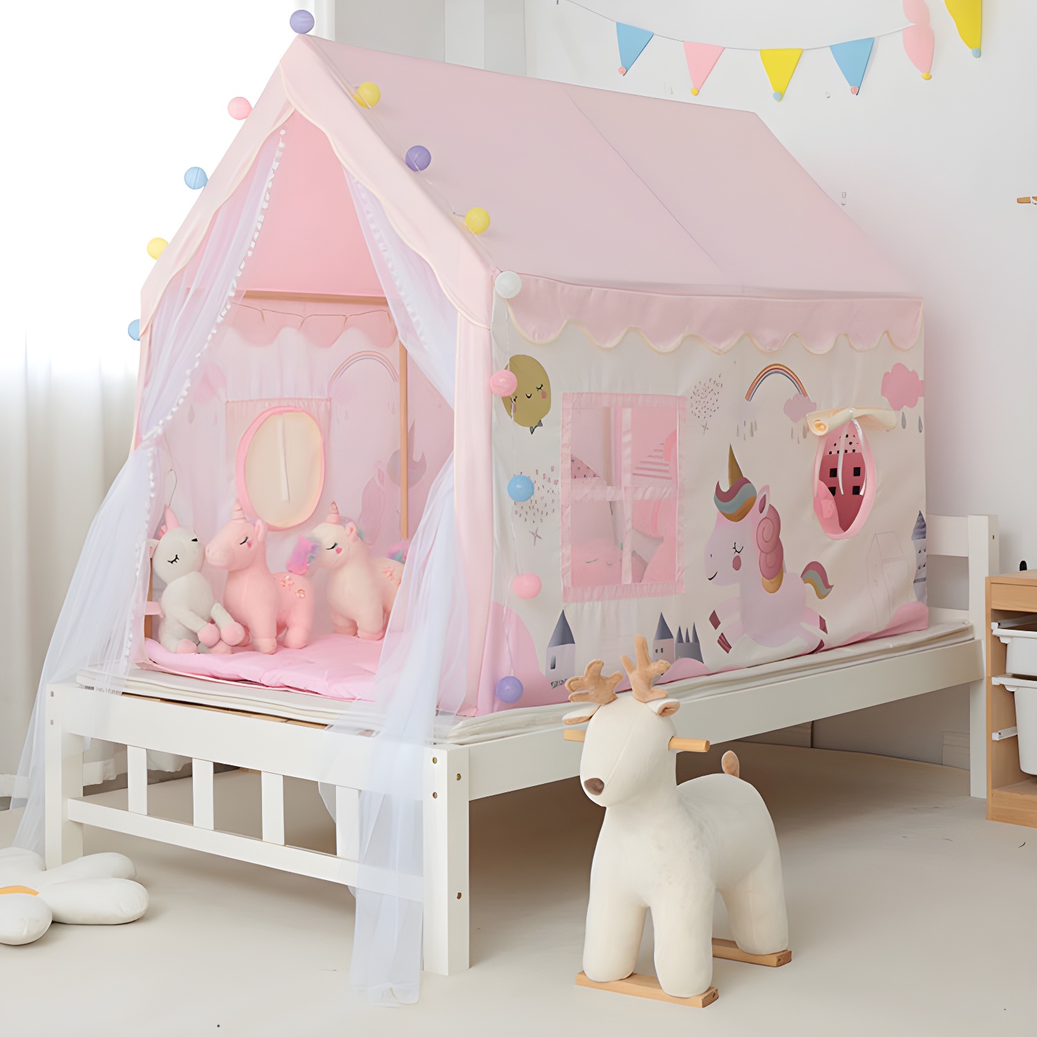 Medium Square Fabric Play tent with 2 Windows, Skylight, and Lights for Indoor Use