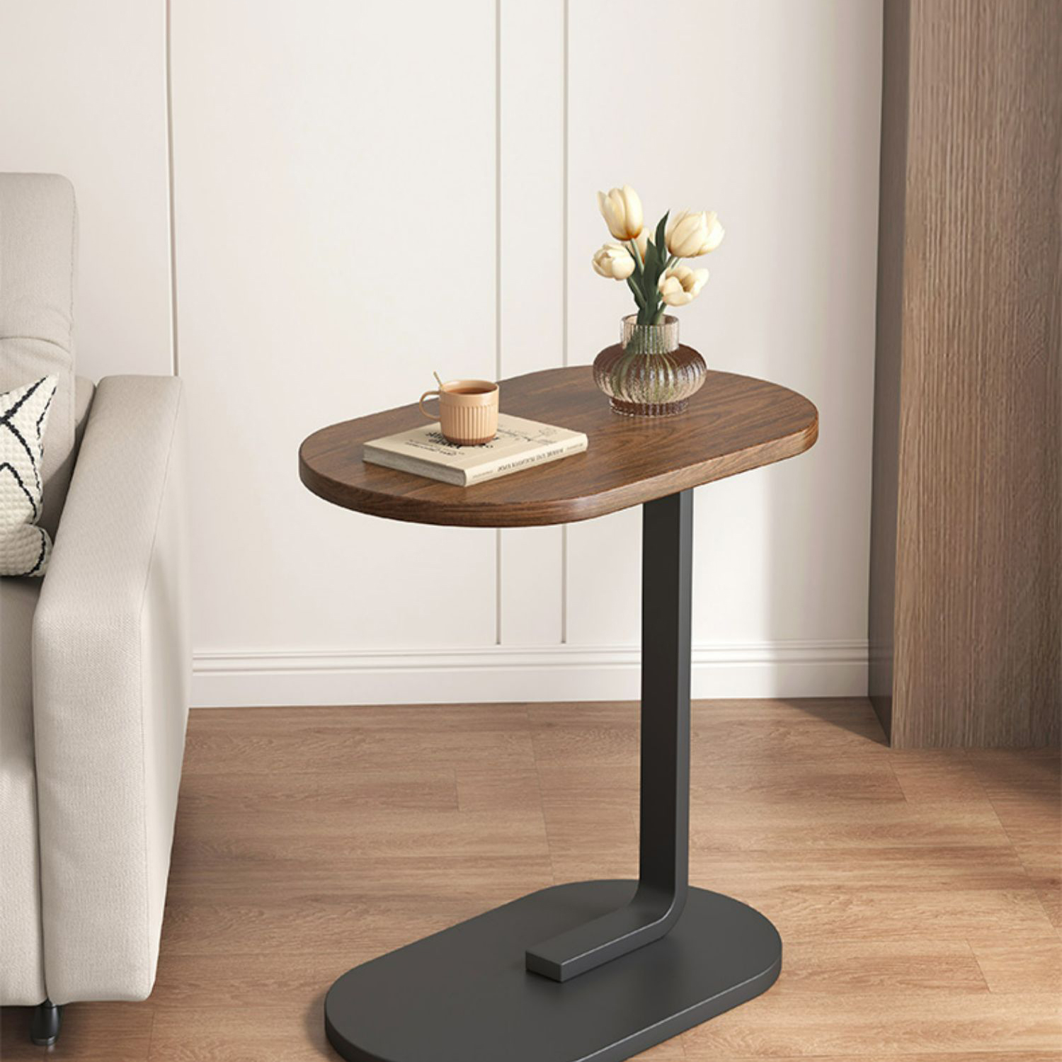 Scandinavian Oval Wood Side Table with Sleek Iron C-Base - Easy Assembly